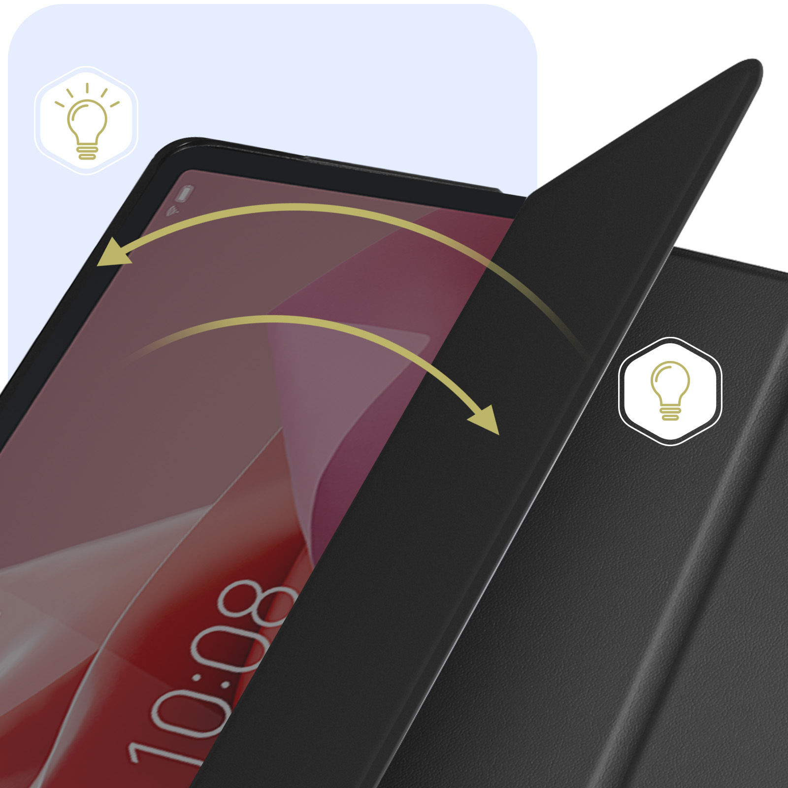 Tablet con custodia nera, che si apre per rivelare lo schermo.