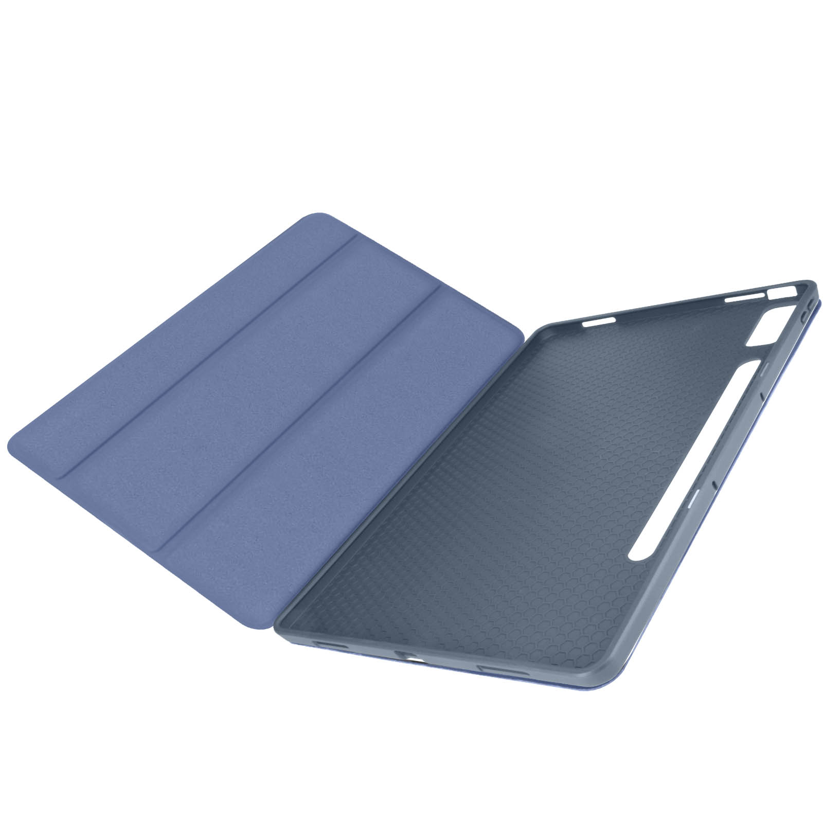 Custodia per tablet blu, aperta, che mostra interno ed esterno. Sfondo bianco.