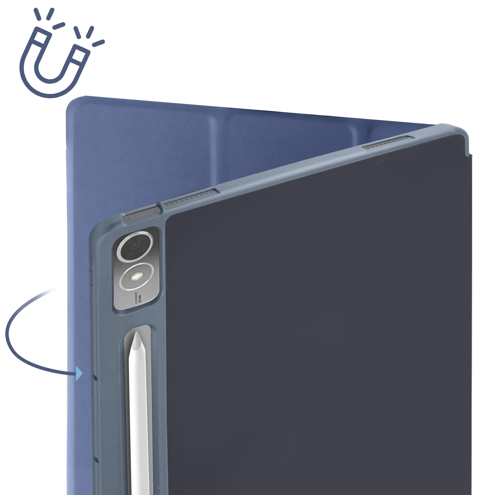 Custodia blu per tablet, che mostra l'interno e un iPad con una matita attaccata.