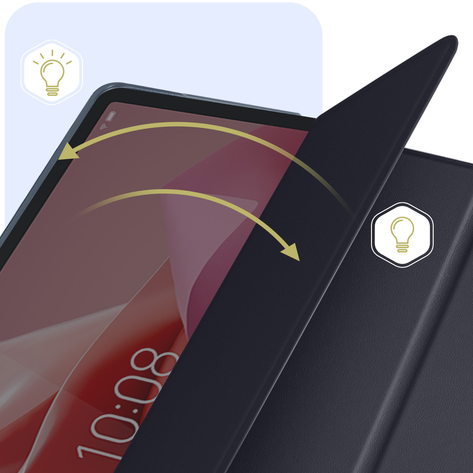 Custodia per tablet con lo schermo visibile. Le frecce indicano l'apertura della custodia.