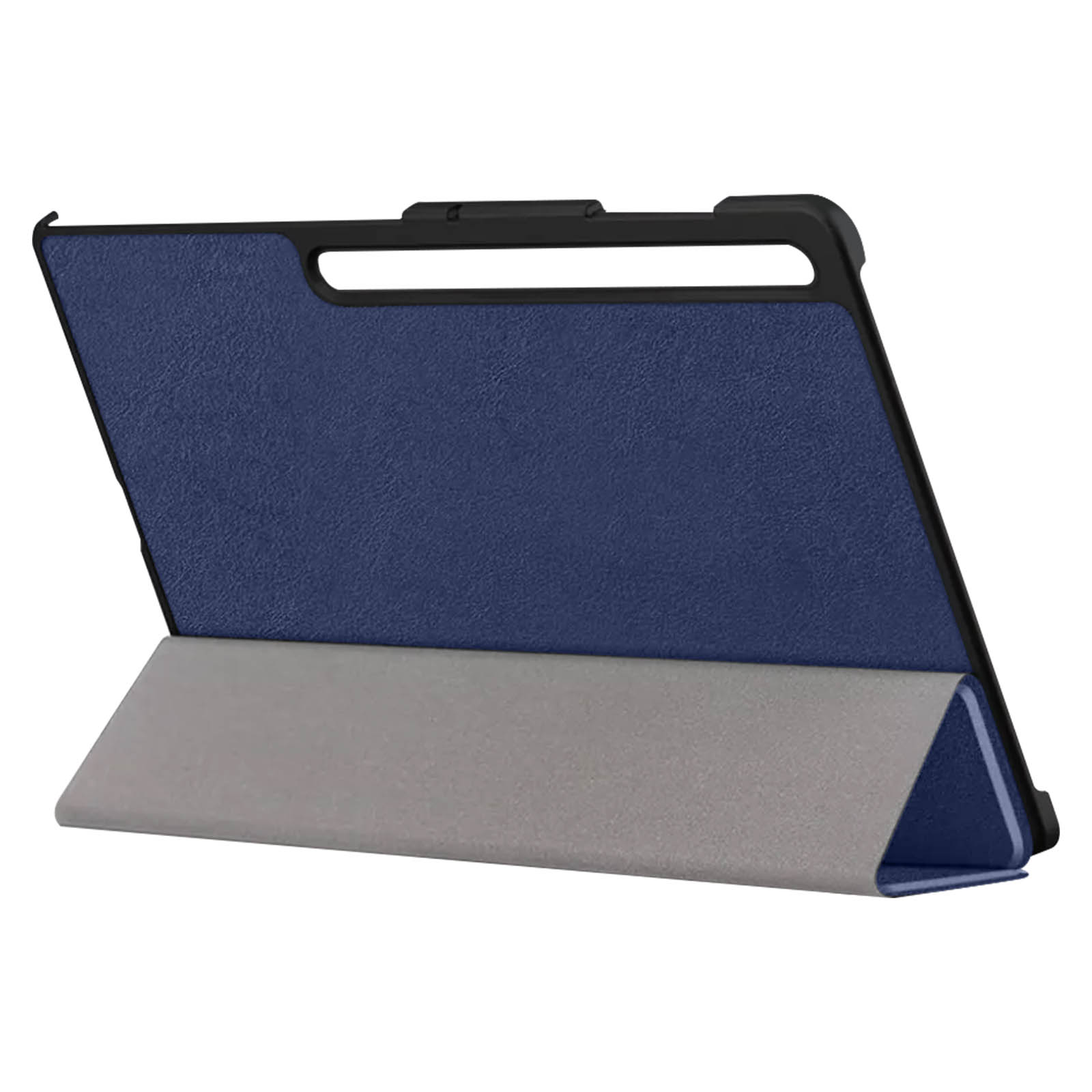 Custodia per tablet, blu con interno blu scuro. Il supporto è grigio. Sfondo bianco.