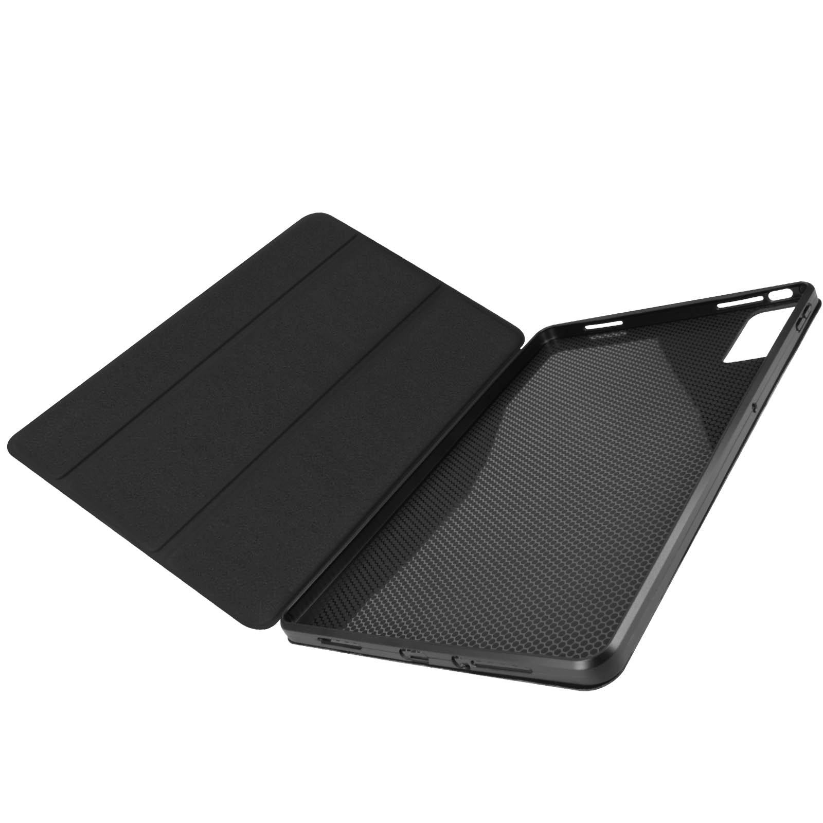 Custodia nera per tablet, aperta. La custodia è nera, con interno strutturato.