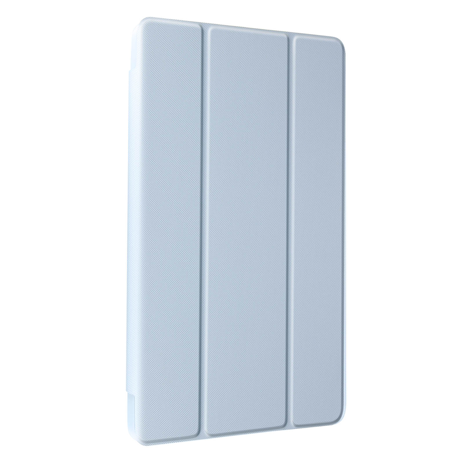 Una custodia per tablet azzurra. La cover è chiusa con tre sezioni verticali.