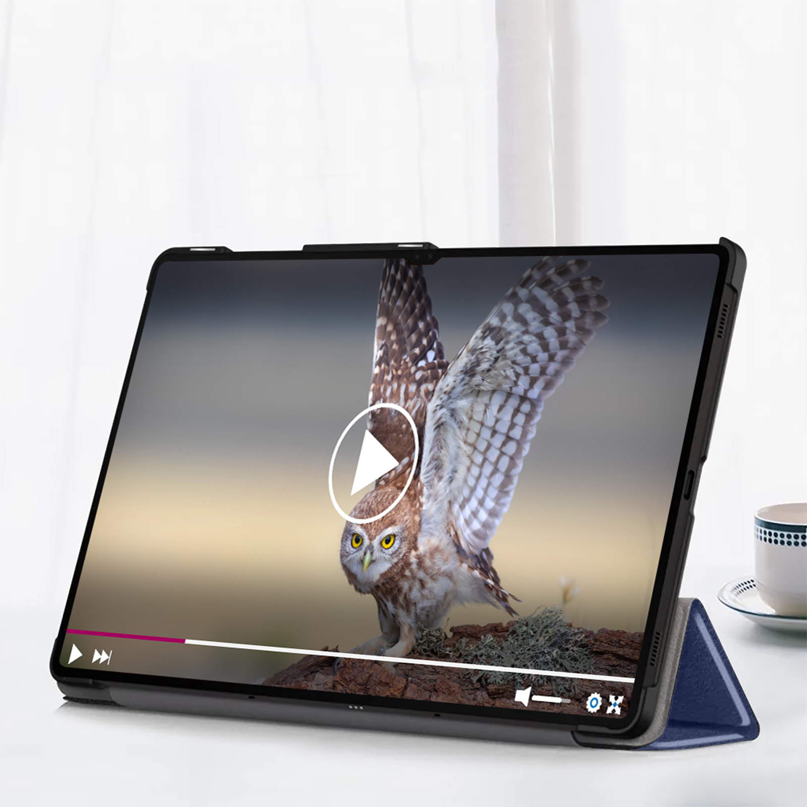 Il tablet mostra un video di un gufo. Un pulsante di riproduzione è centrato. Una custodia blu tiene il tablet. Una tazza è dietro.