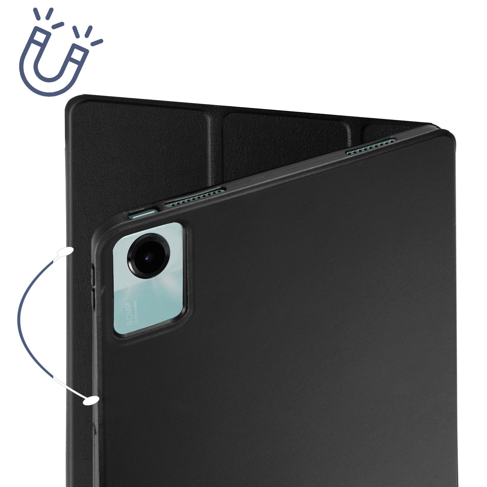 Custodia nera per tablet con tablet all'interno, chiusura magnetica e fotocamera.