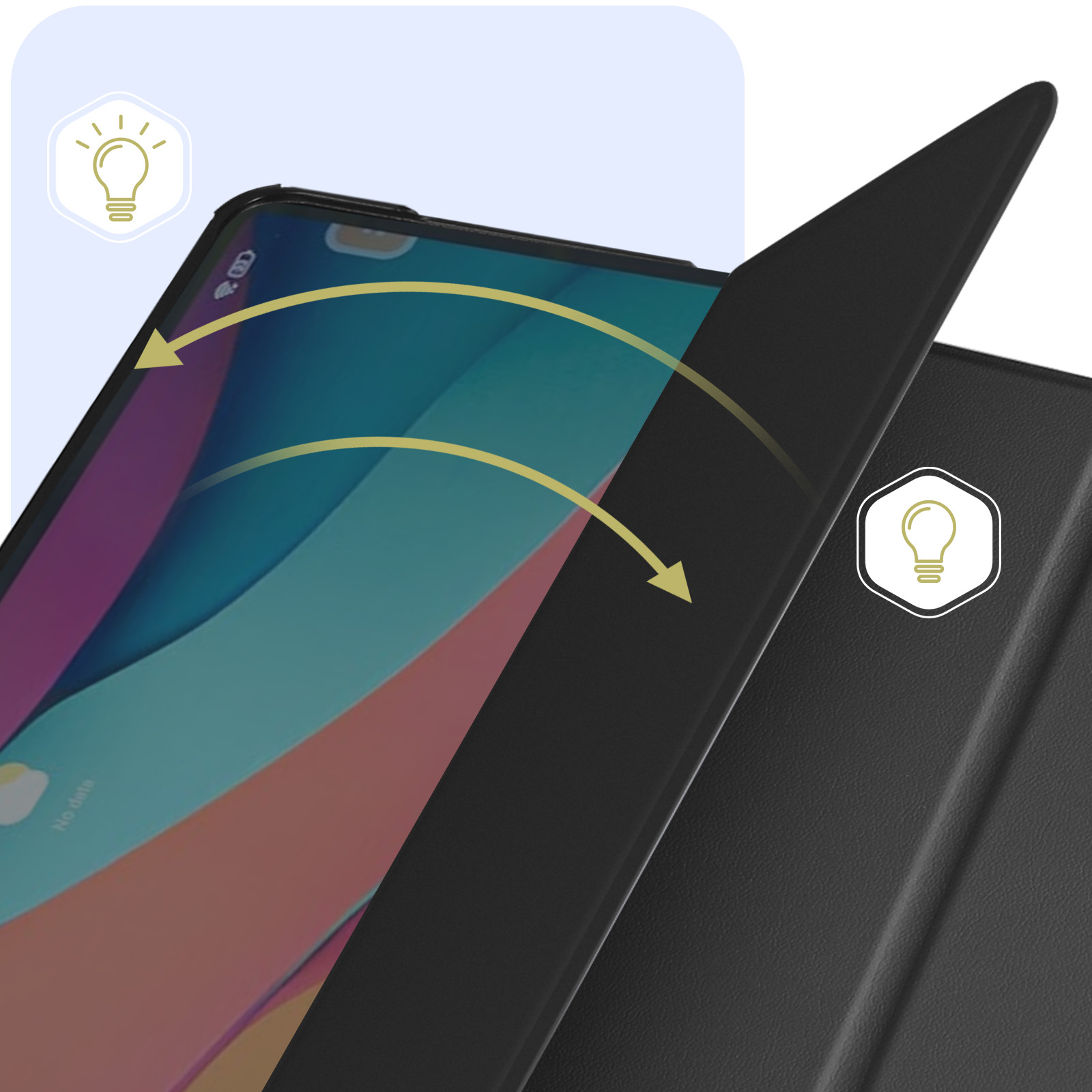 Custodia per tablet nera con icone a lampadina. La custodia si apre, mostrando lo schermo.