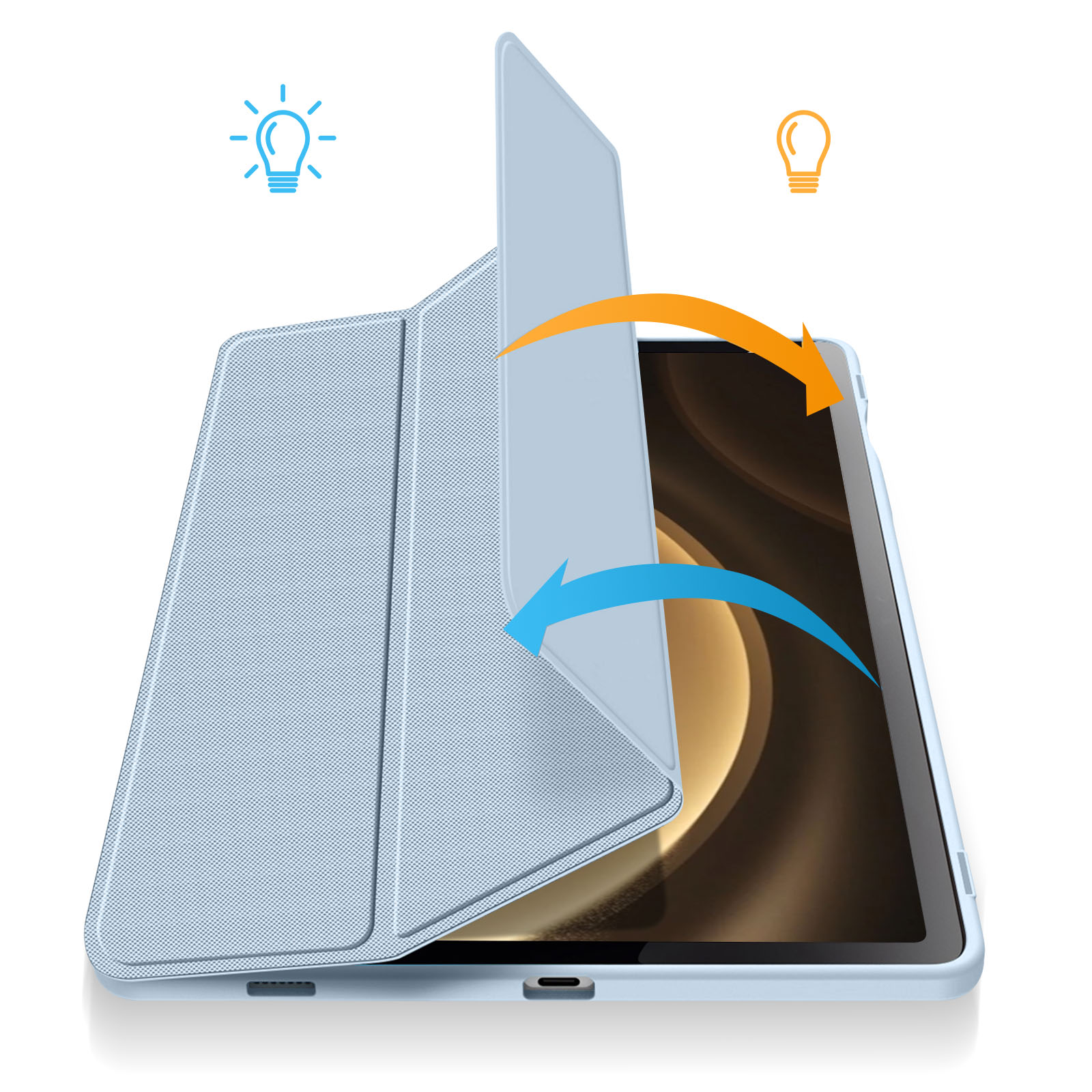 Custodia per tablet azzurra con icone di lampadine. La custodia si apre, con frecce blu.