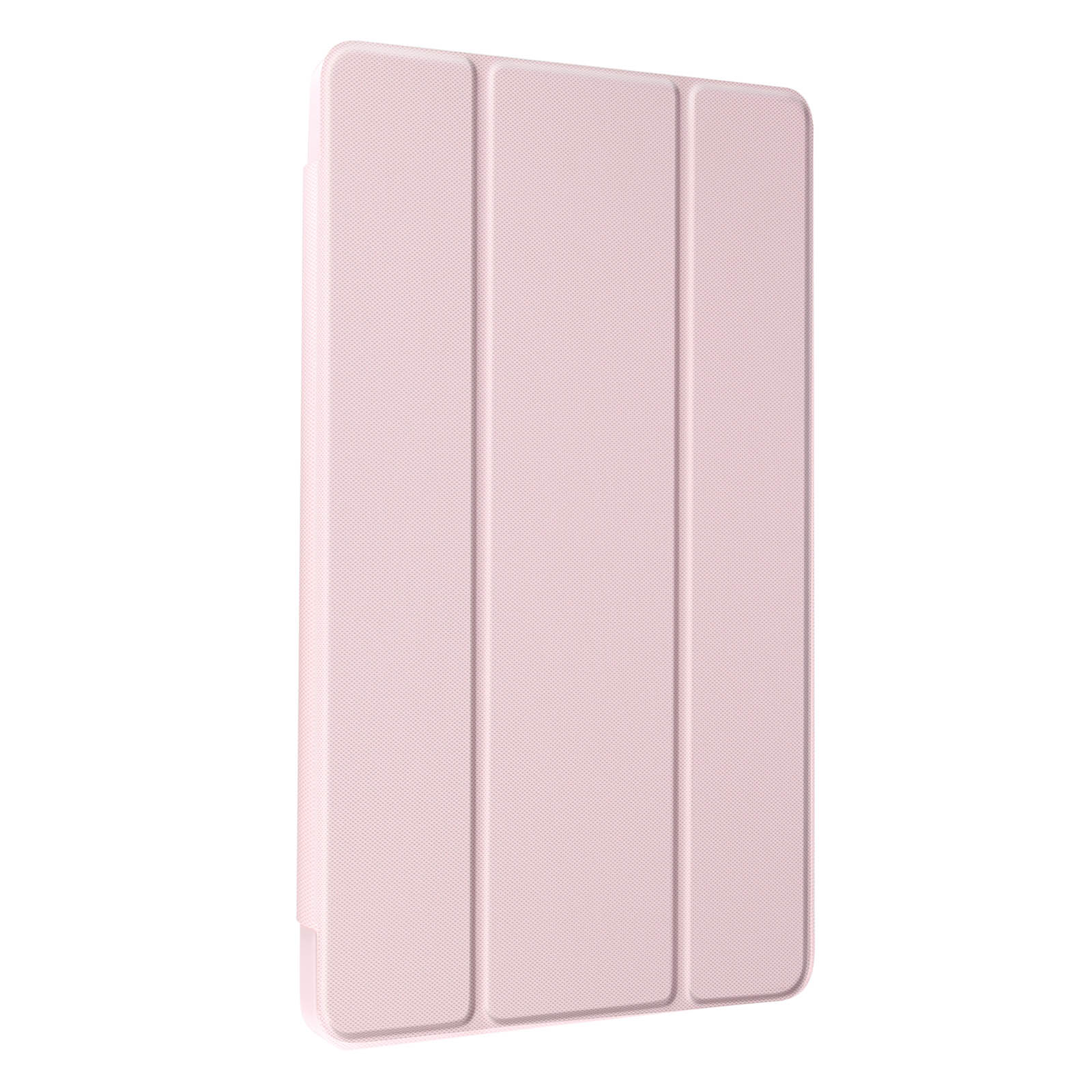 Una custodia per tablet rosa chiaro, chiusa, con tre pannelli verticali. Sfondo bianco.