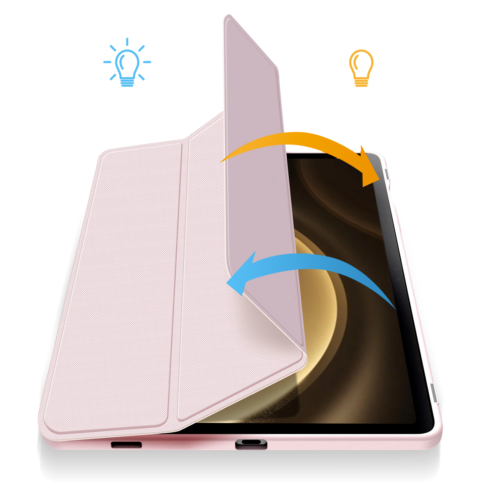 Custodia rosa per tablet con la cover aperta, che mostra lo schermo del tablet.