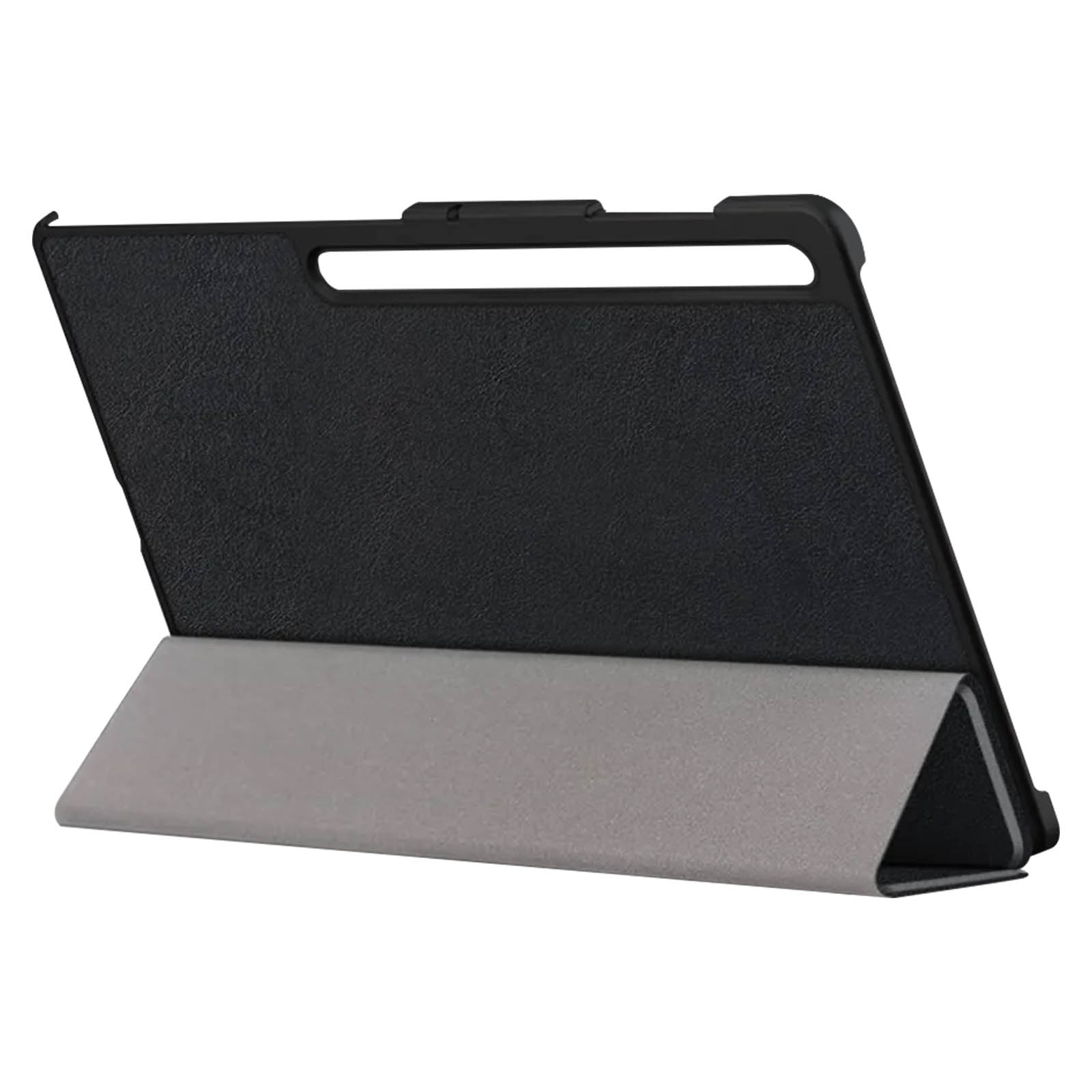 Una custodia per tablet nera in posizione piegata. Lo sfondo è bianco.
