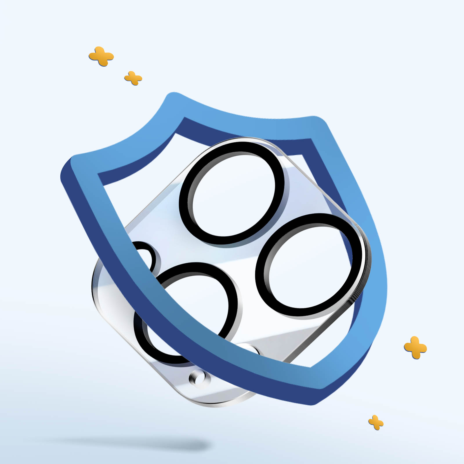 Un protector de lente de cámara de teléfono. Tiene un escudo azul y tres círculos de cámara negros. Se agregan acentos amarillos.