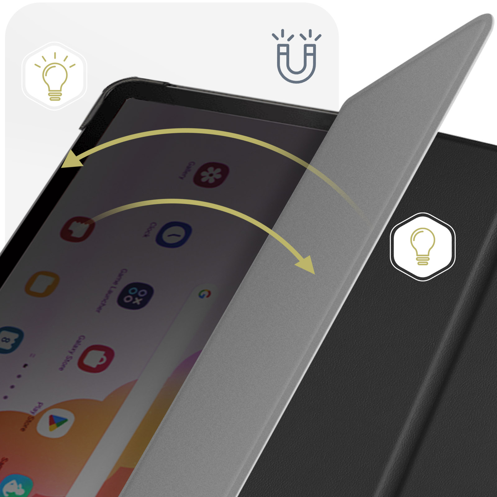 Un tablet con custodia aperta. Lo schermo mostra icone e frecce indicano il movimento della custodia.