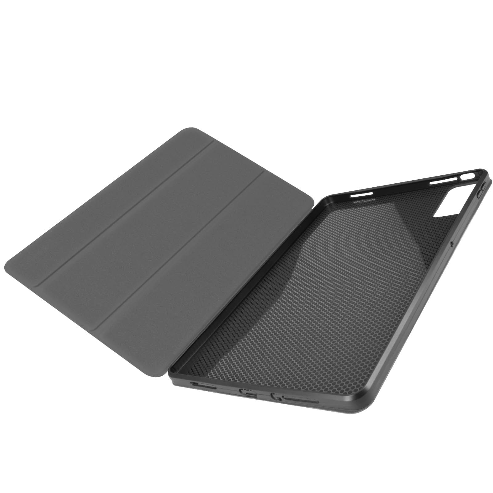 Custodia nera per tablet, aperta, che mostra l'interno del tablet con un motivo a griglia.