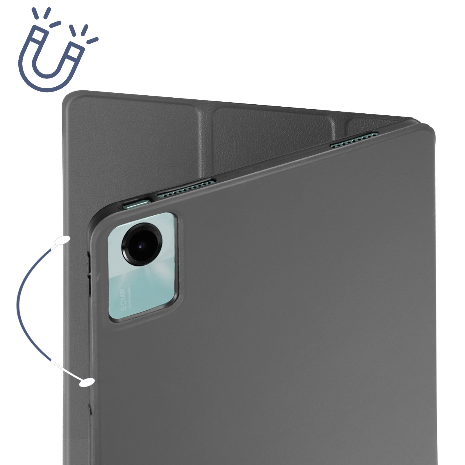 Custodia per tablet grigia con fotocamera e icona del magnete, che mostra la posizione aperta.