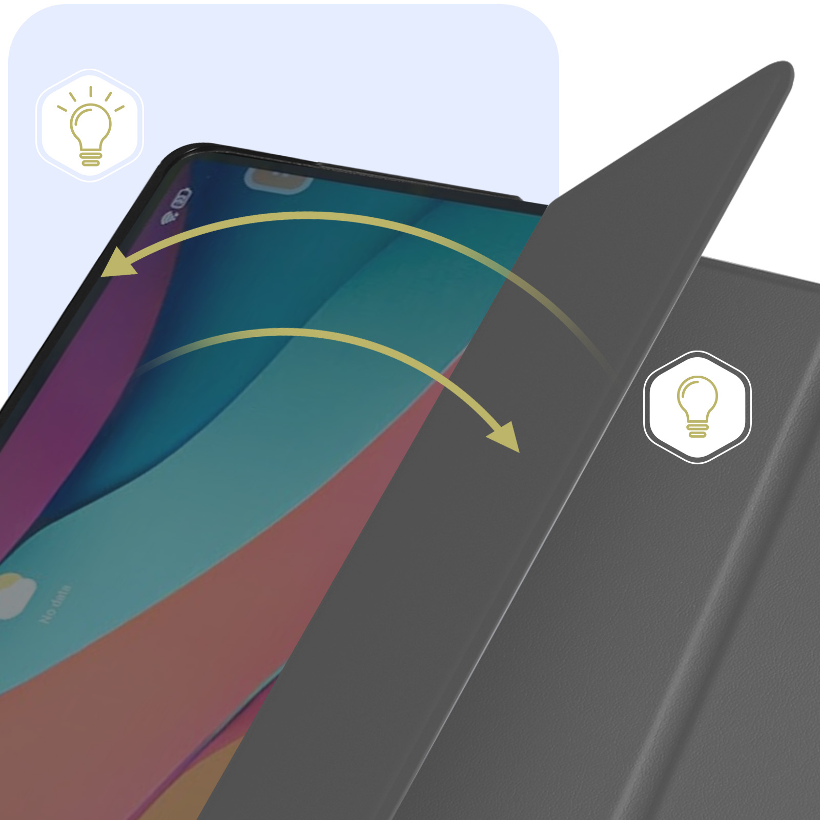 Tablet con custodia grigio scuro, che si apre per rivelare lo schermo.