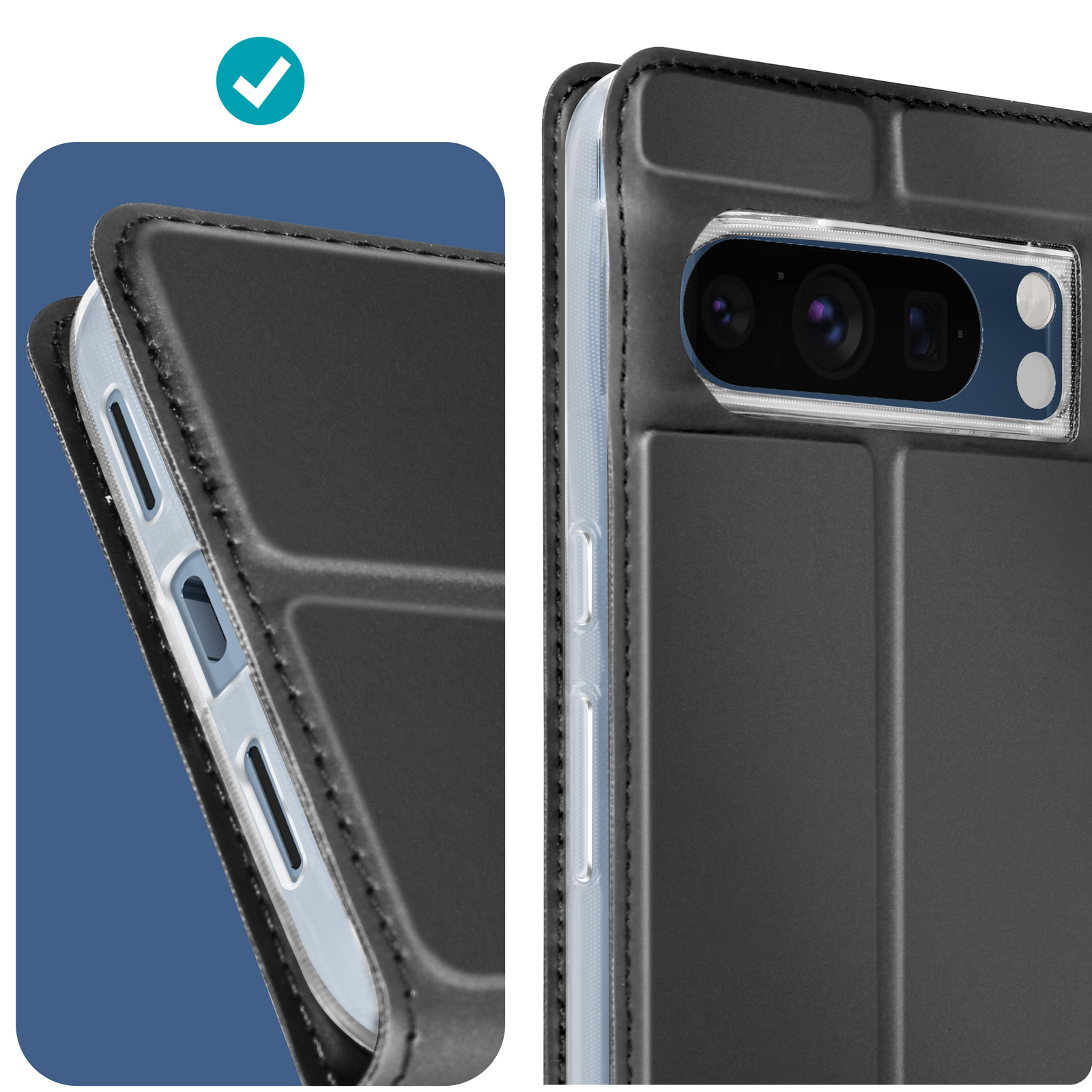 Une coque de téléphone noire avec un intérieur bleu. Un côté montre les boutons et l'autre la caméra.