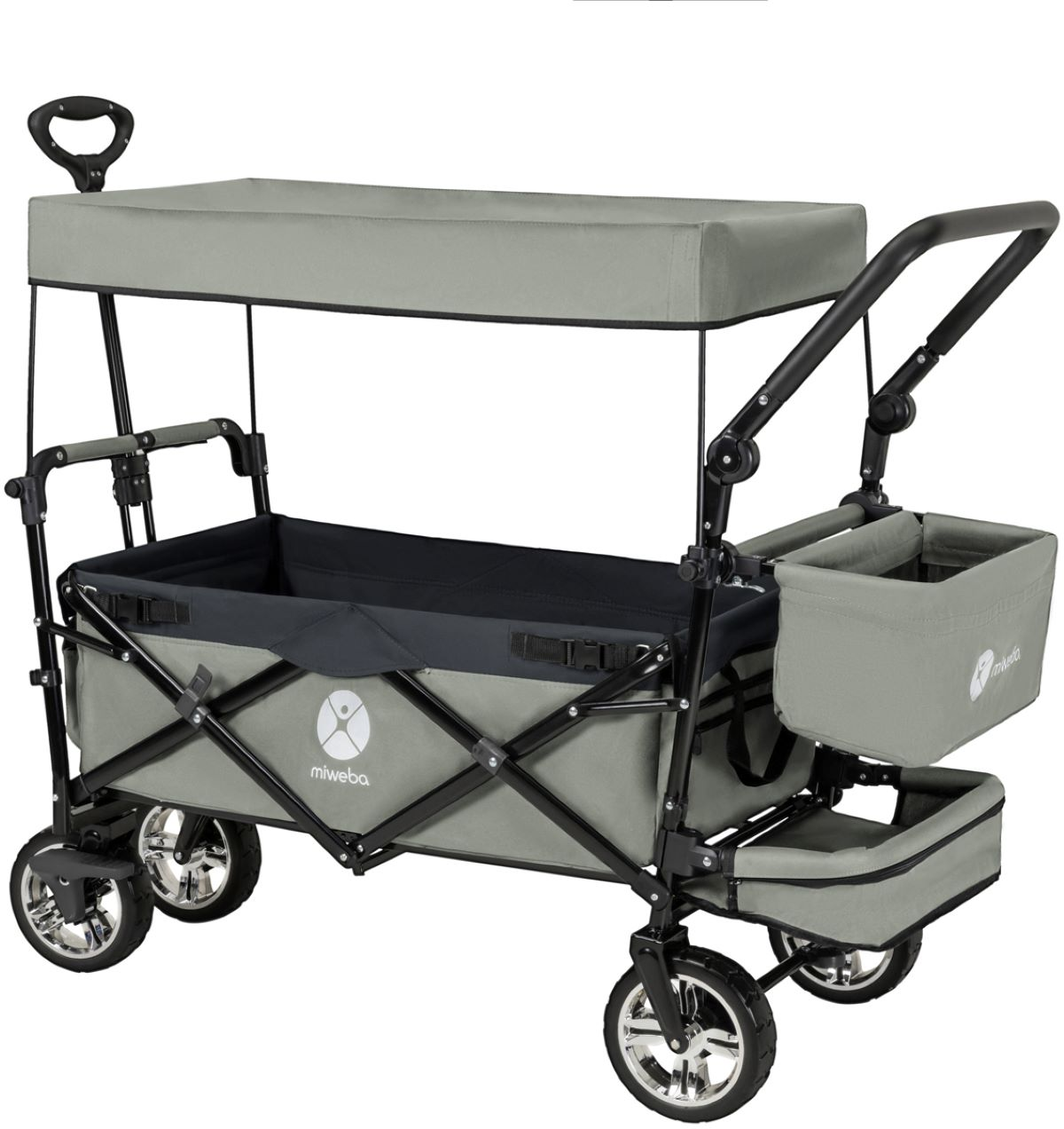 Ein grauer Wagen mit Verdeck und Seitenablage. Der Wagen hat vier Räder, und der Hintergrund ist weiß.