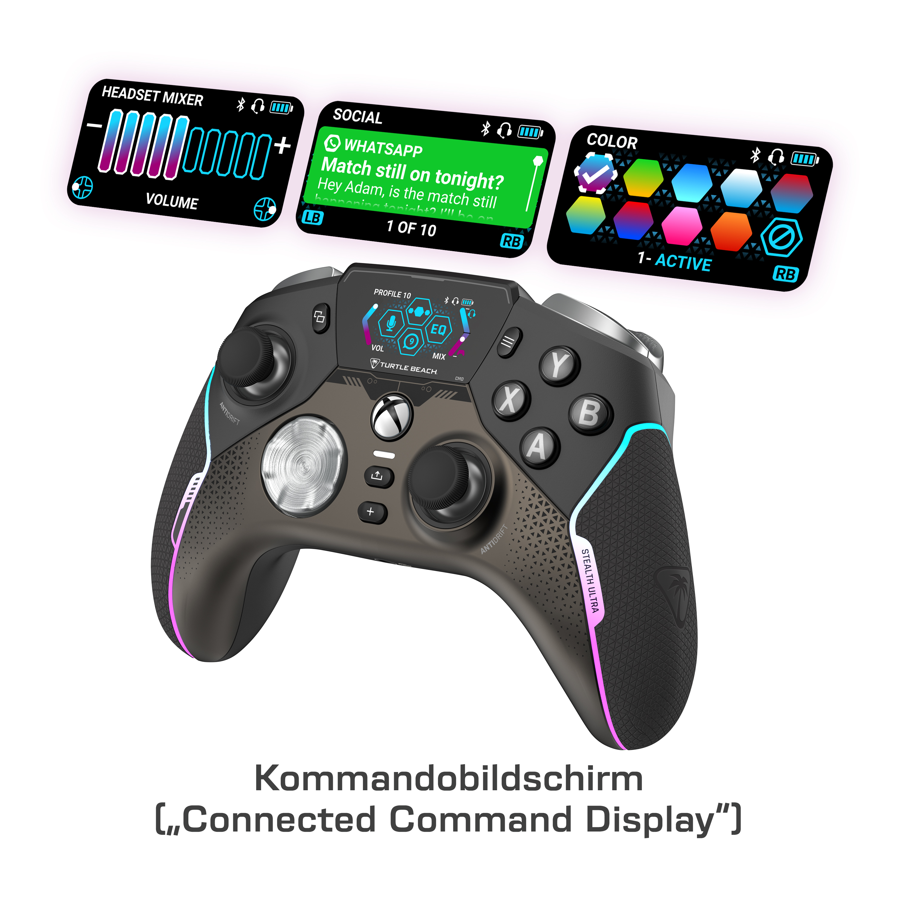 Kontroler do gier z wieloma ekranami do regulacji głośności, mediów społecznościowych i ustawień kolorów. Kontroler jest czarny.