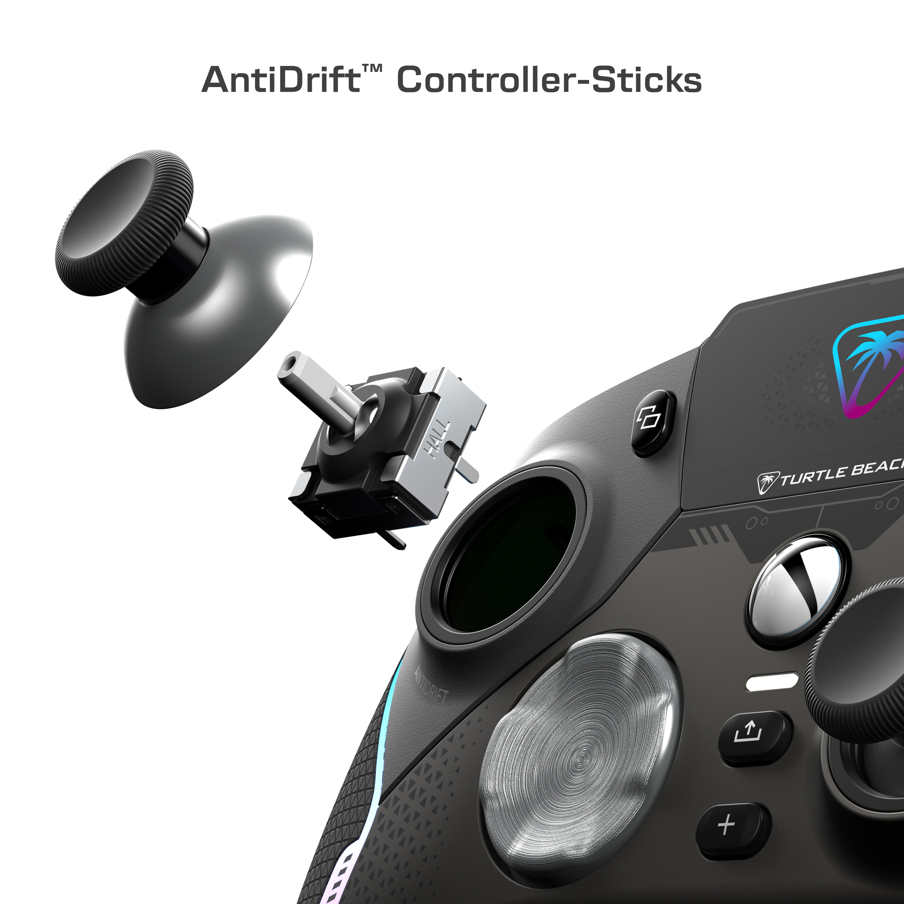 Części kontrolera w eksplozji. Tekst: AntiDrift Controller-Sticks. Czarny i szary.