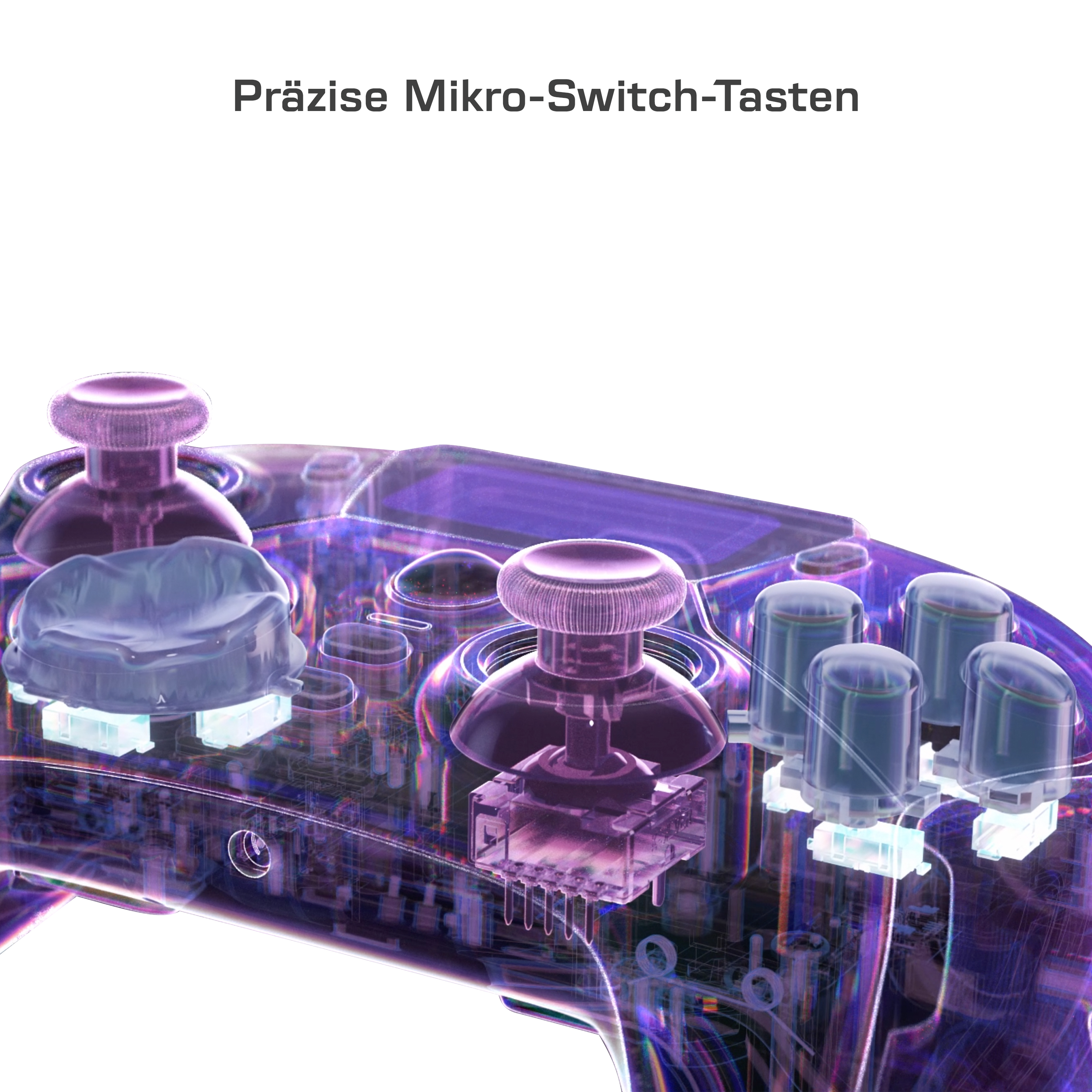 Zbliżenie przezroczystego, fioletowego kontrolera do gier. Pokazano elementy wewnętrzne.