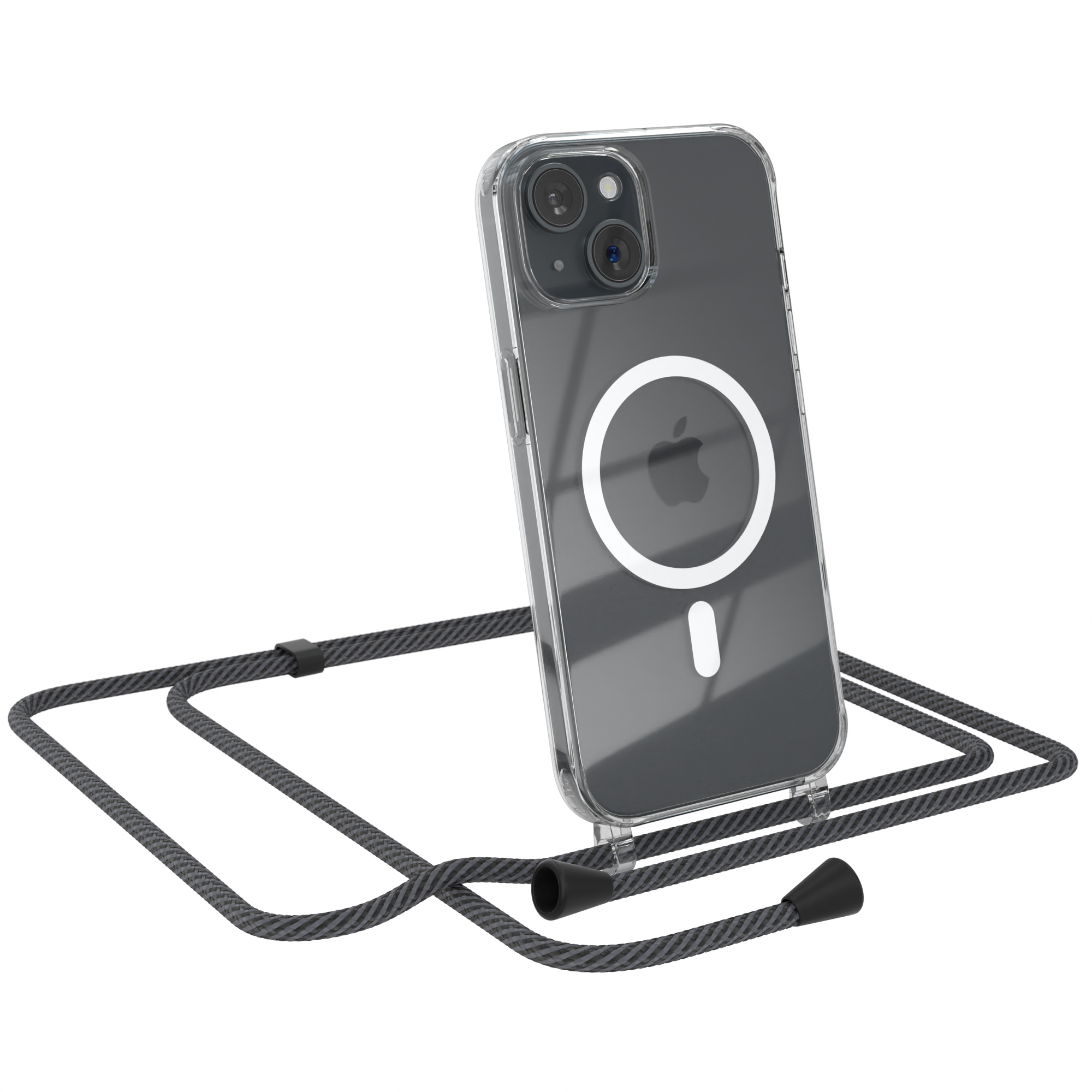 Transparente Handyhülle und Telefon mit schwarzem und grauem Gurt auf weißem Hintergrund.