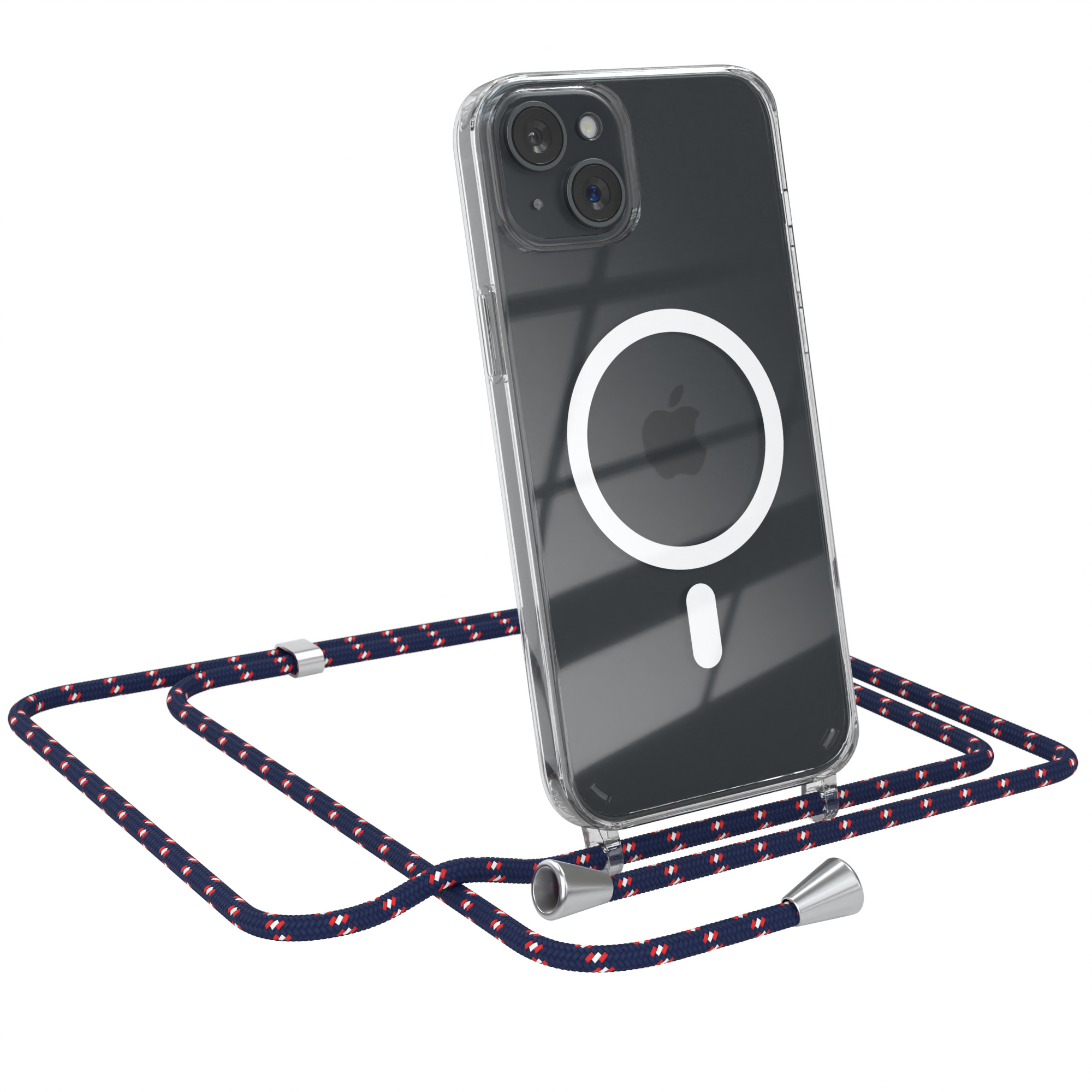 iPhone in klarer Hülle mit Lanyard. Rotes und blaues Seil. Weißer Hintergrund.