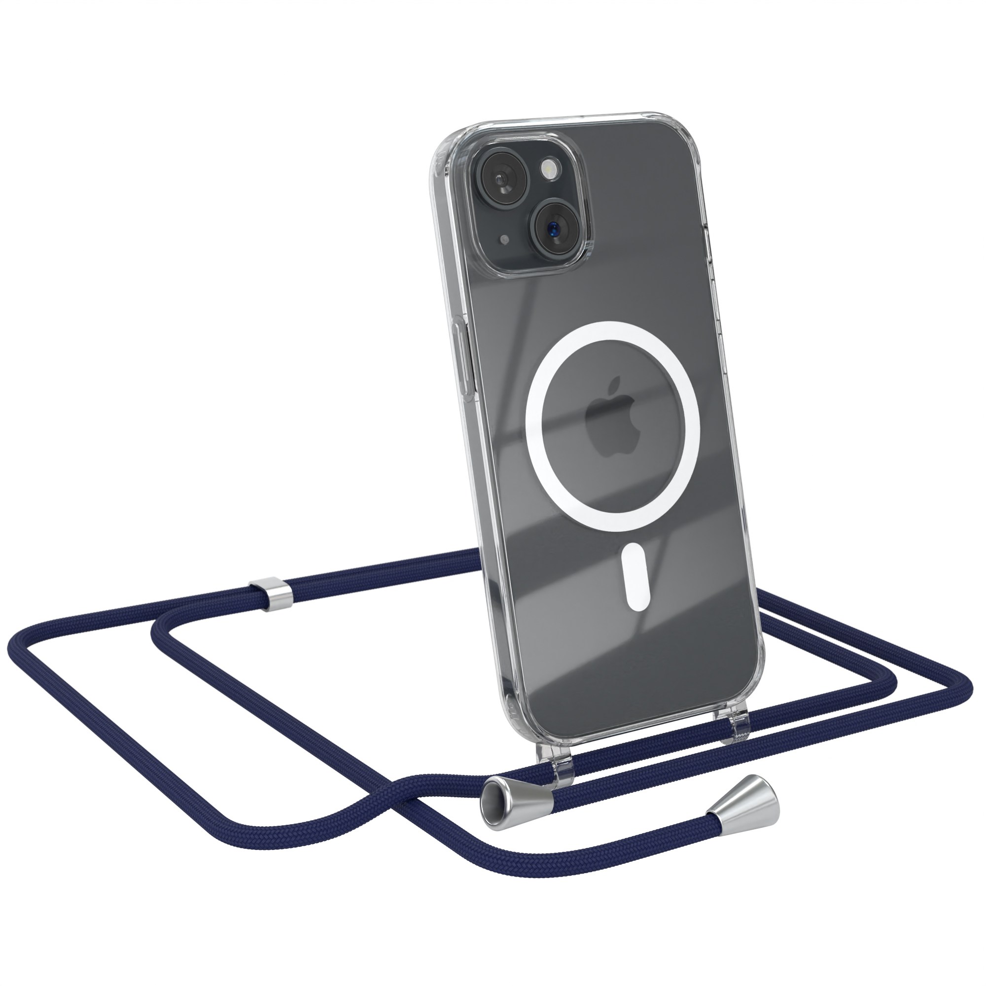 Telefon mit Lanyard. Transparente Handyhülle mit Telefon und blauem Lanyard.