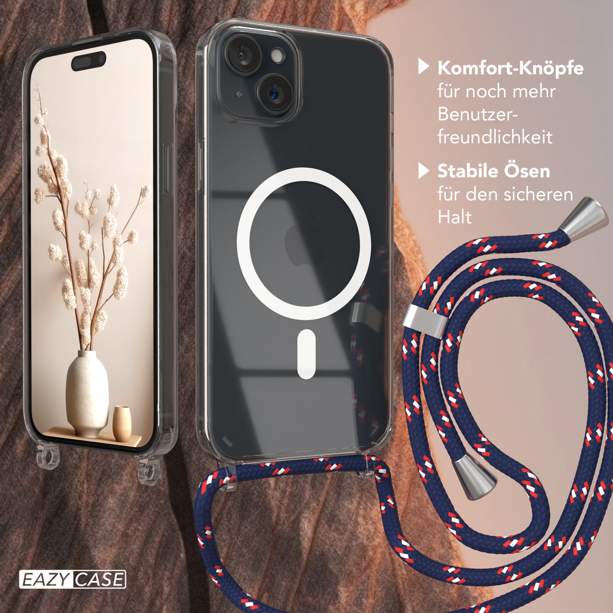 Ein Telefon in einer transparenten Hülle mit Kordel. Ein weißes Apple-Logo ist sichtbar, mit Vase links.