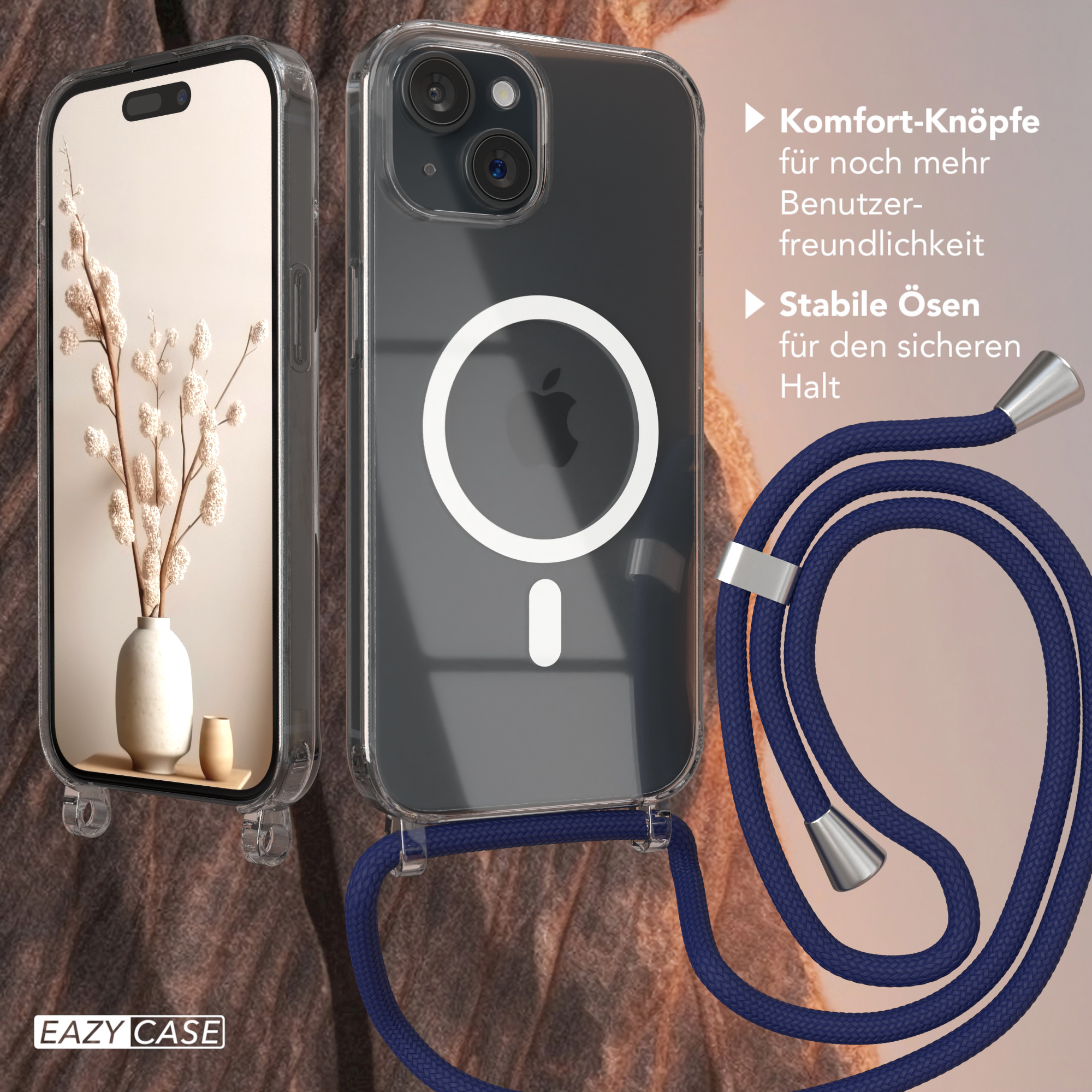 Telefon mit klarer Hülle und blauem Band, mit Text und einer Vase.