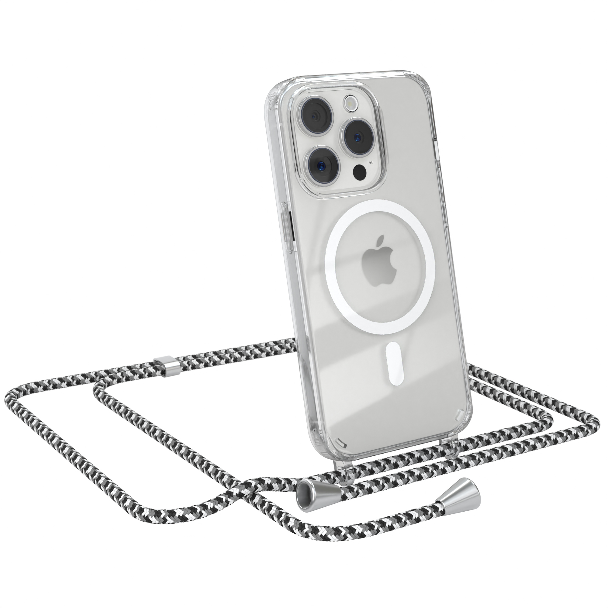 Eine transparente Telefonhülle mit Kordel, ein Telefon ist darin und ein Schlüsselband.