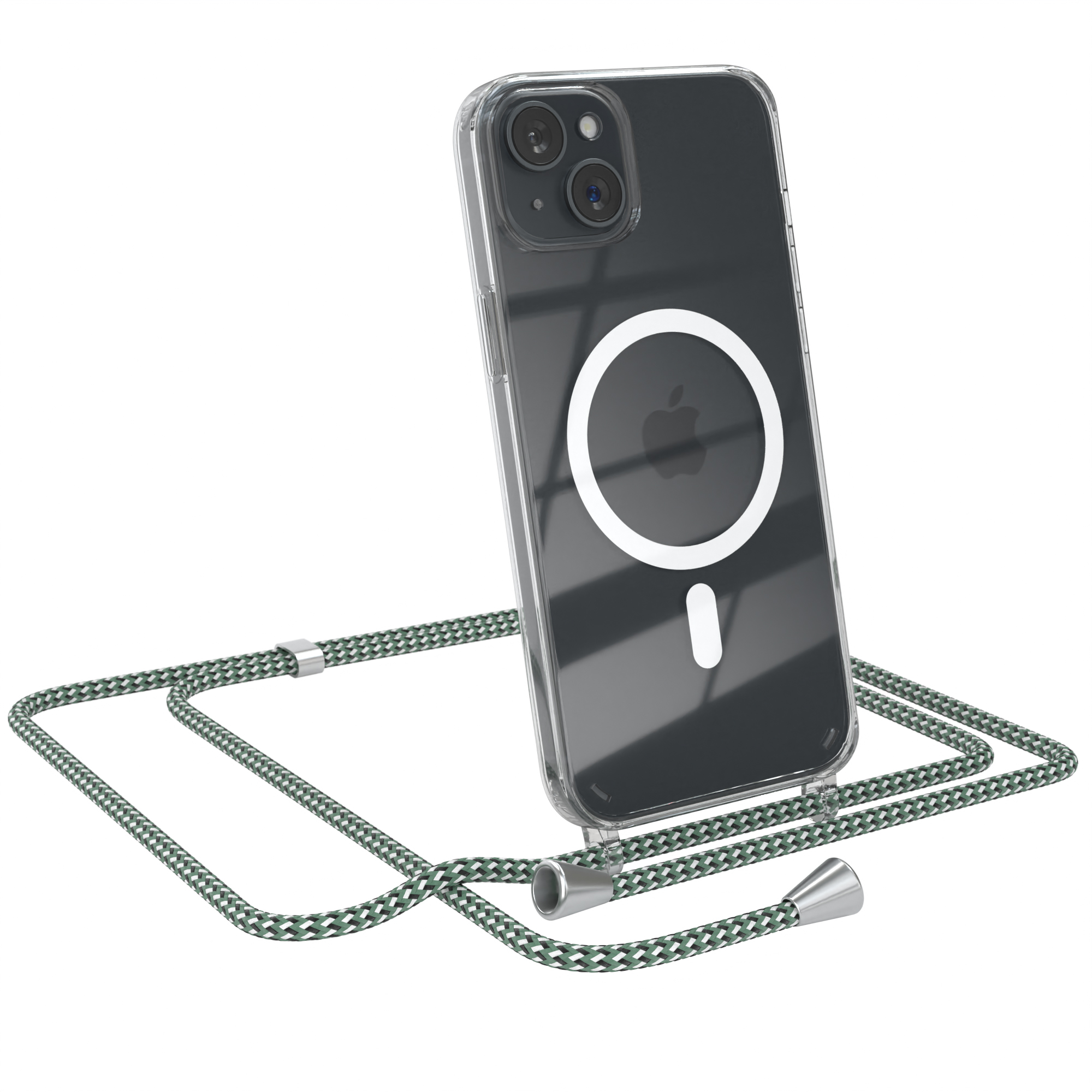 Klare iPhone-Hülle mit grün-weißem Kabel. iPhone ist zentriert.