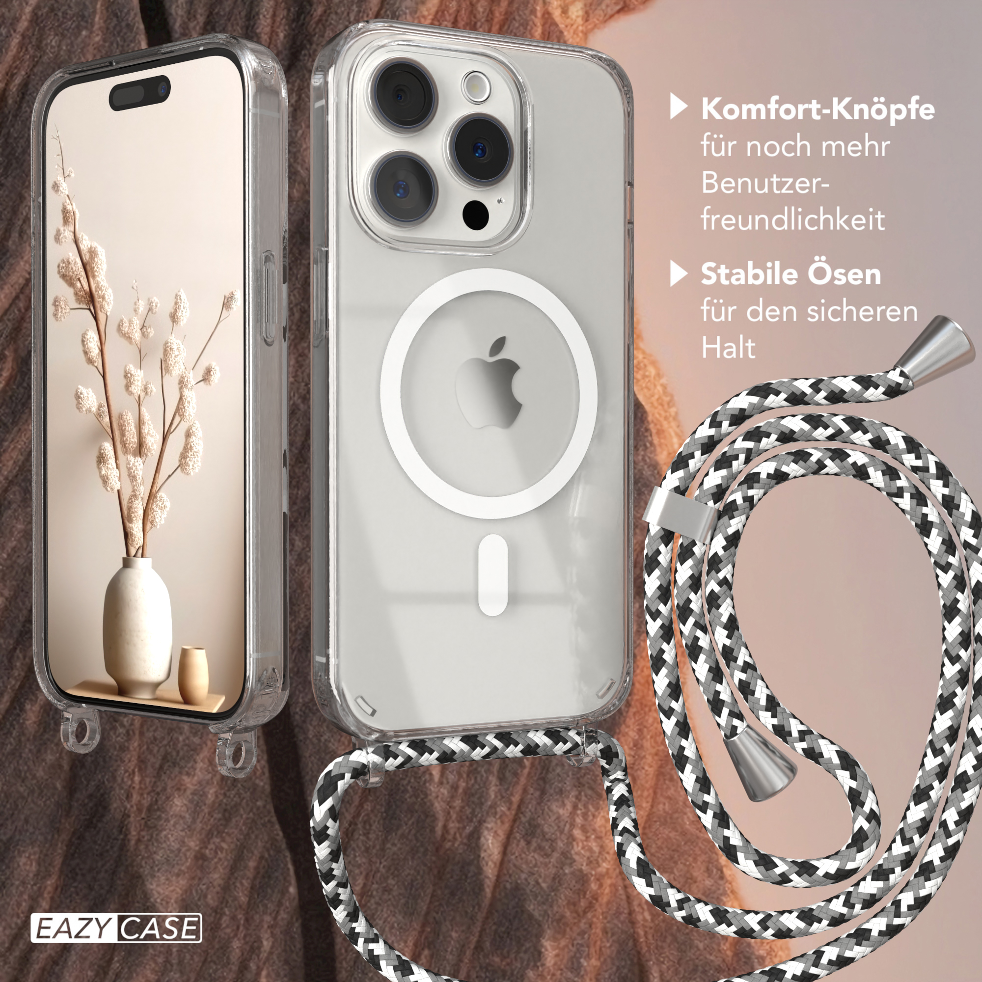 Eine Handyhülle mit einem Telefon darin und ein Schlüsselband. Die Hülle hat einen kreisförmigen Ausschnitt für das Apple-Logo.
