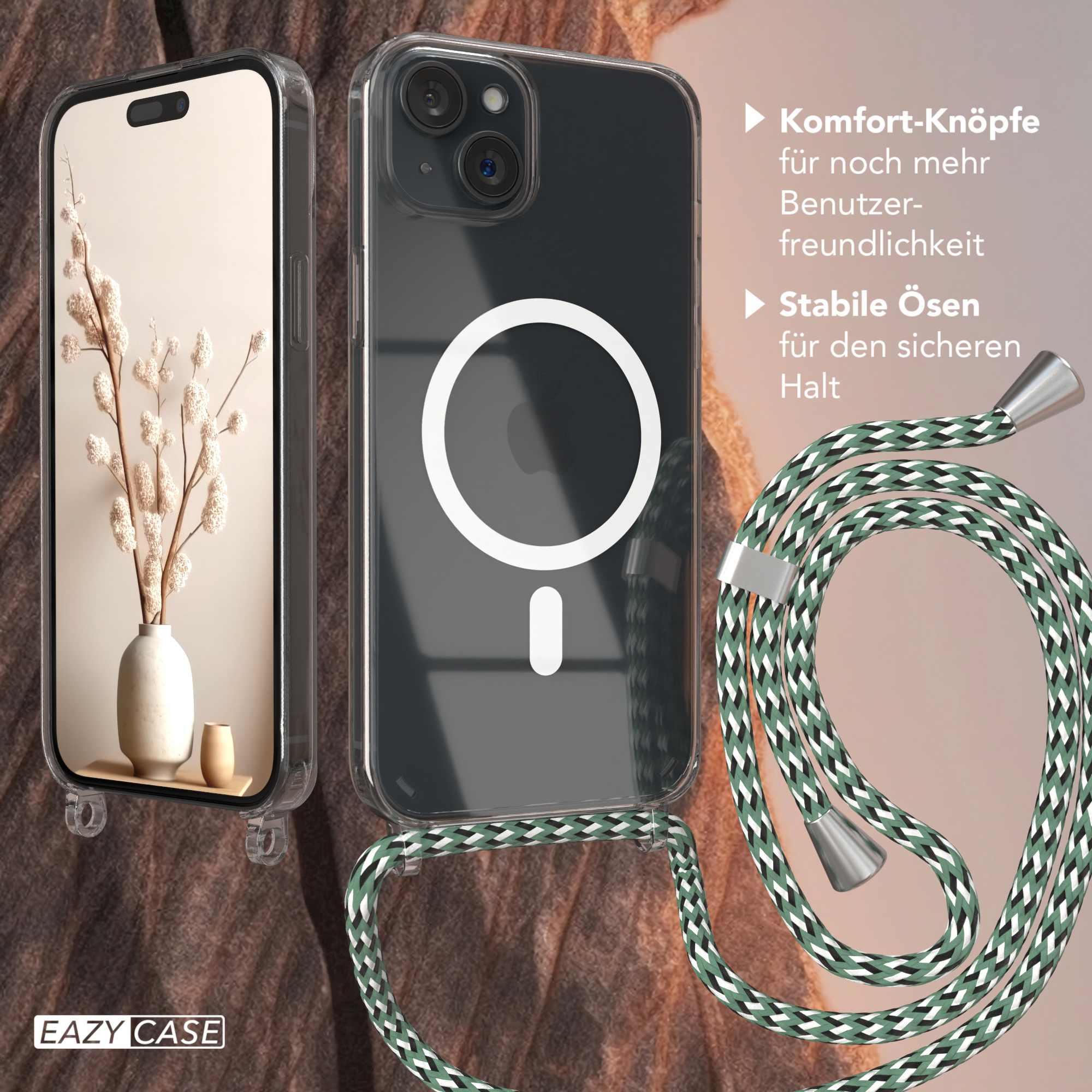 Handyhülle mit Telefon darin und ein grün-weißes Seil.