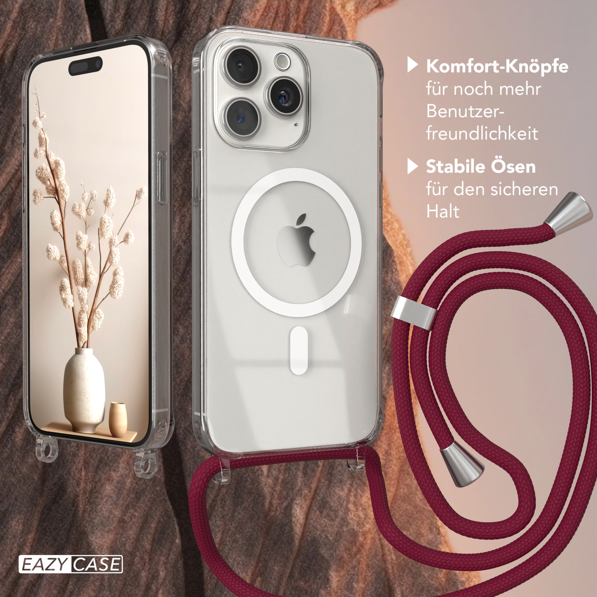 Transparente Handyhülle mit Lanyard, Hülle zeigt Vase mit Blumen.