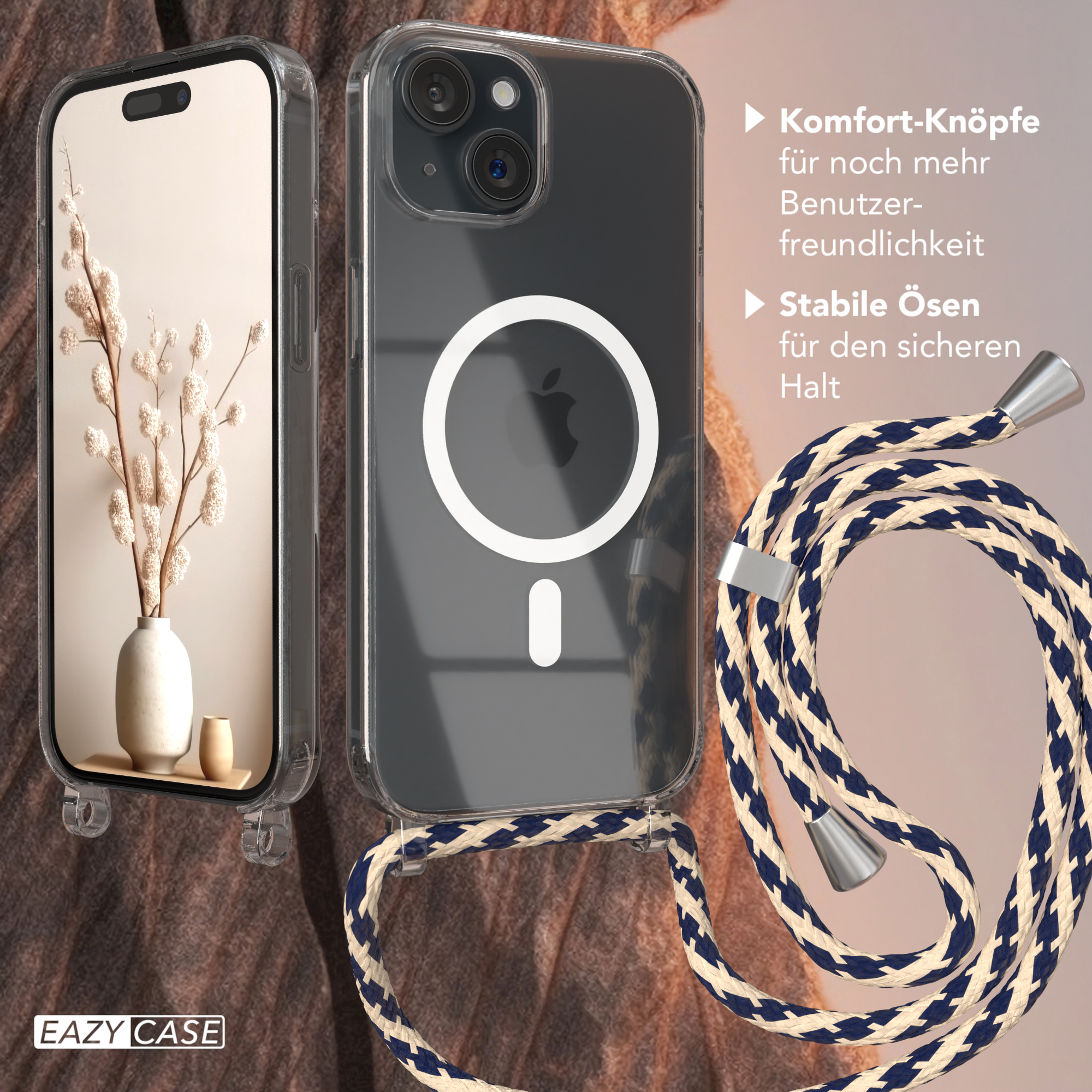 Zwei Telefone in Hüllen mit Lanyards. Eines zeigt ein Blumendisplay, das andere ein Apple-Logo.
