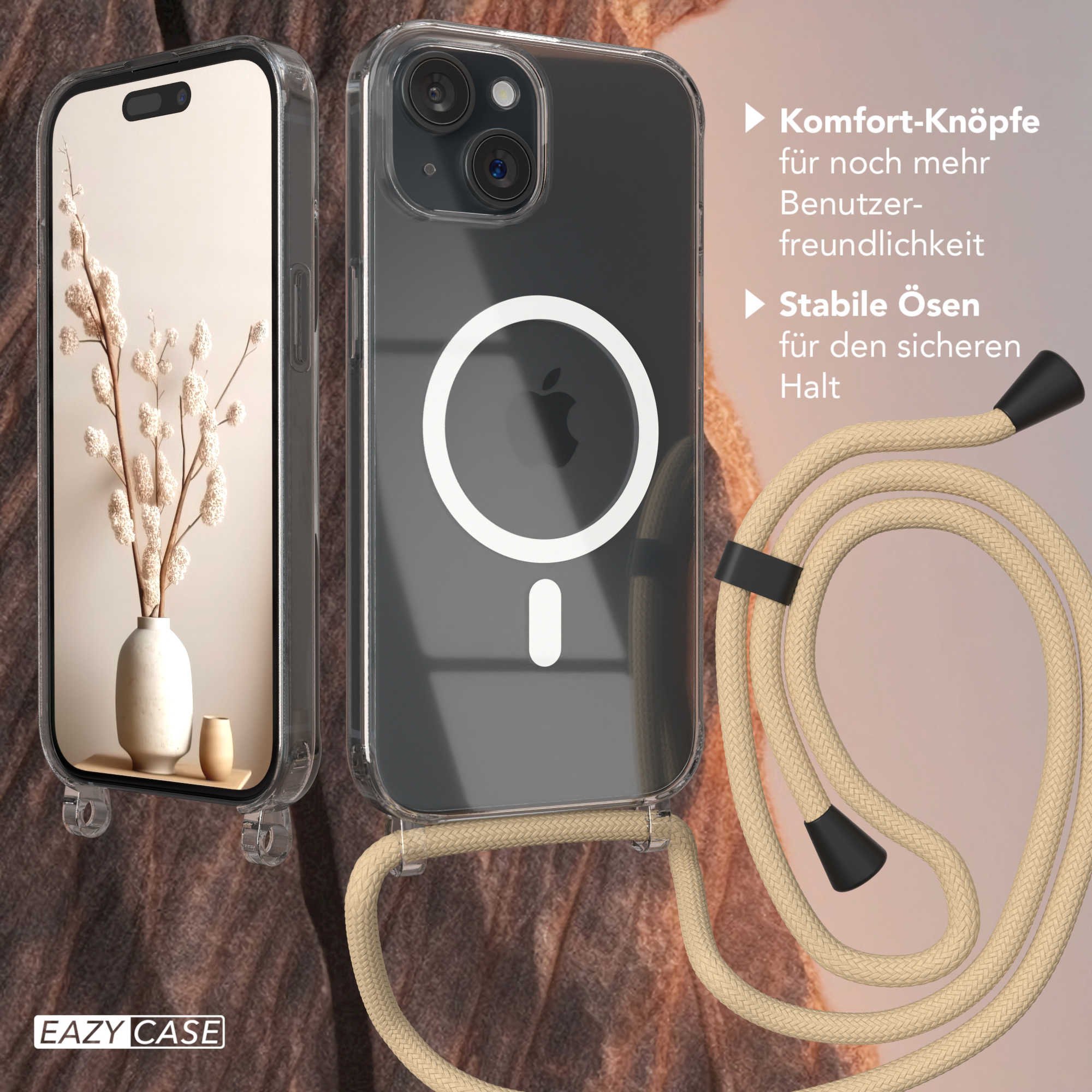 Ein Smartphone in einer transparenten Hülle mit beigem Handygurt und einer Vase.
