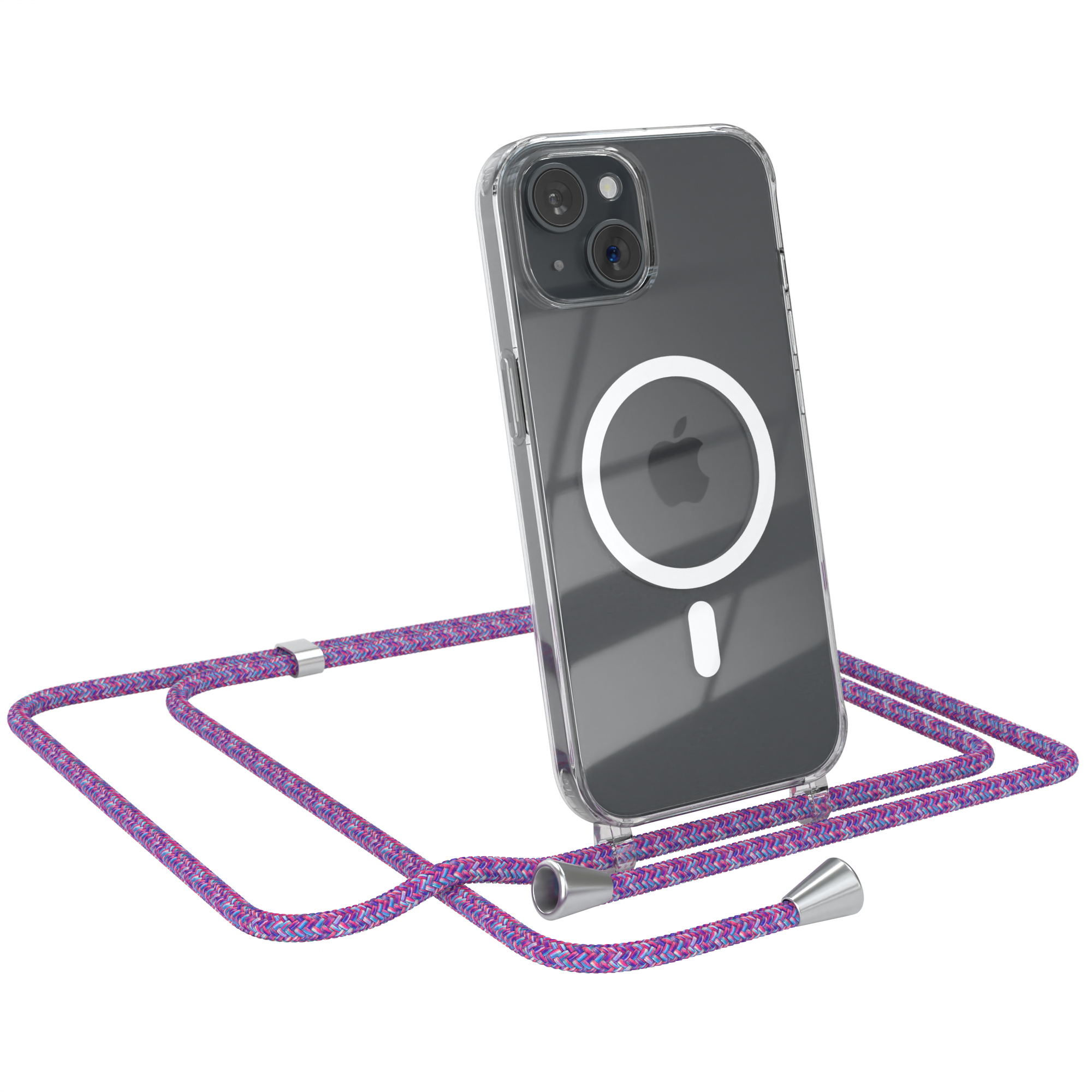 Telefon mit Lanyard. Transparente Handyhülle mit Telefon und lila Lanyard.