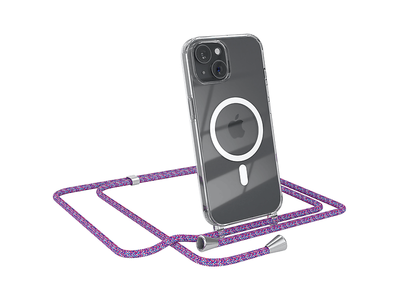 Umhängetasche, Hülle Clips / Violett iPhone CASE 15, Silber mit EAZY Handykette, Magsafe Apple,