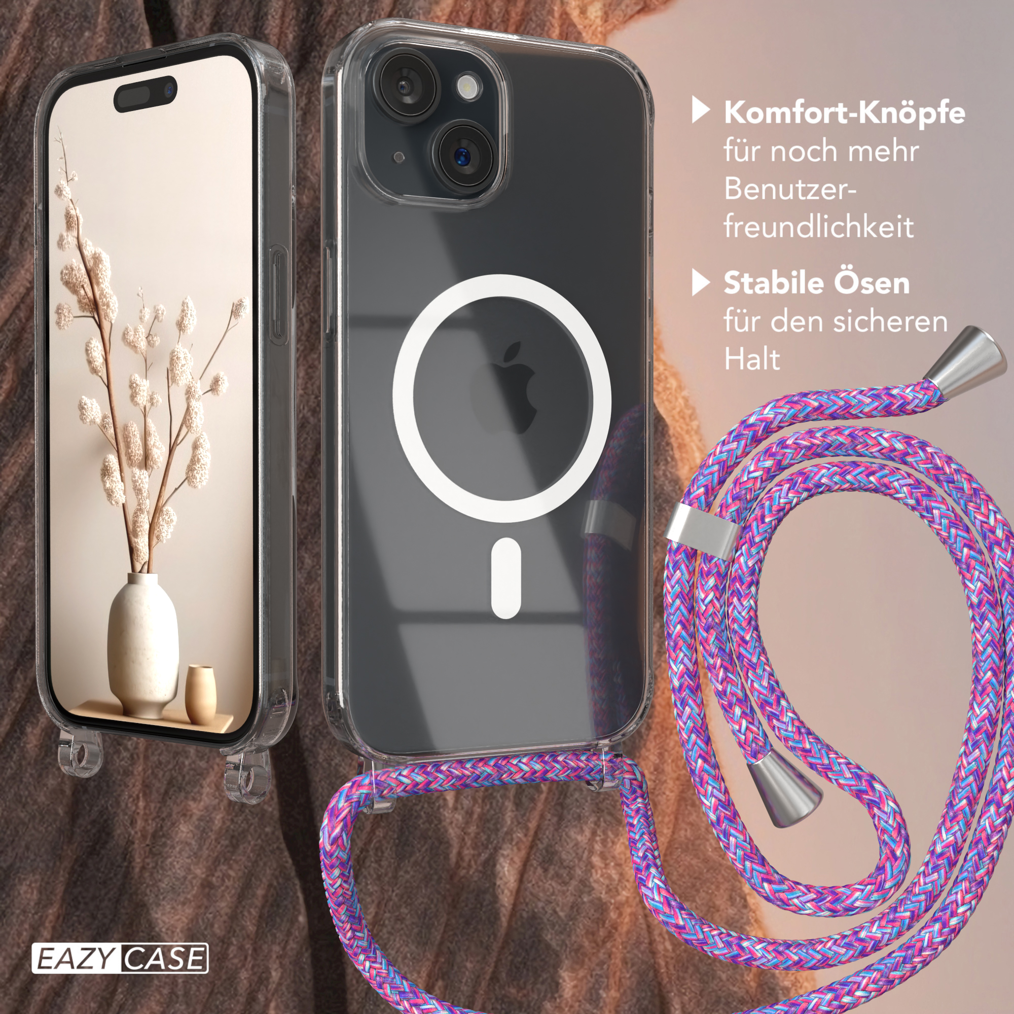 Transparente Handyhülle mit Lanyard, Handy mit Vase und Blumen, Text über Benutzerfreundlichkeit.