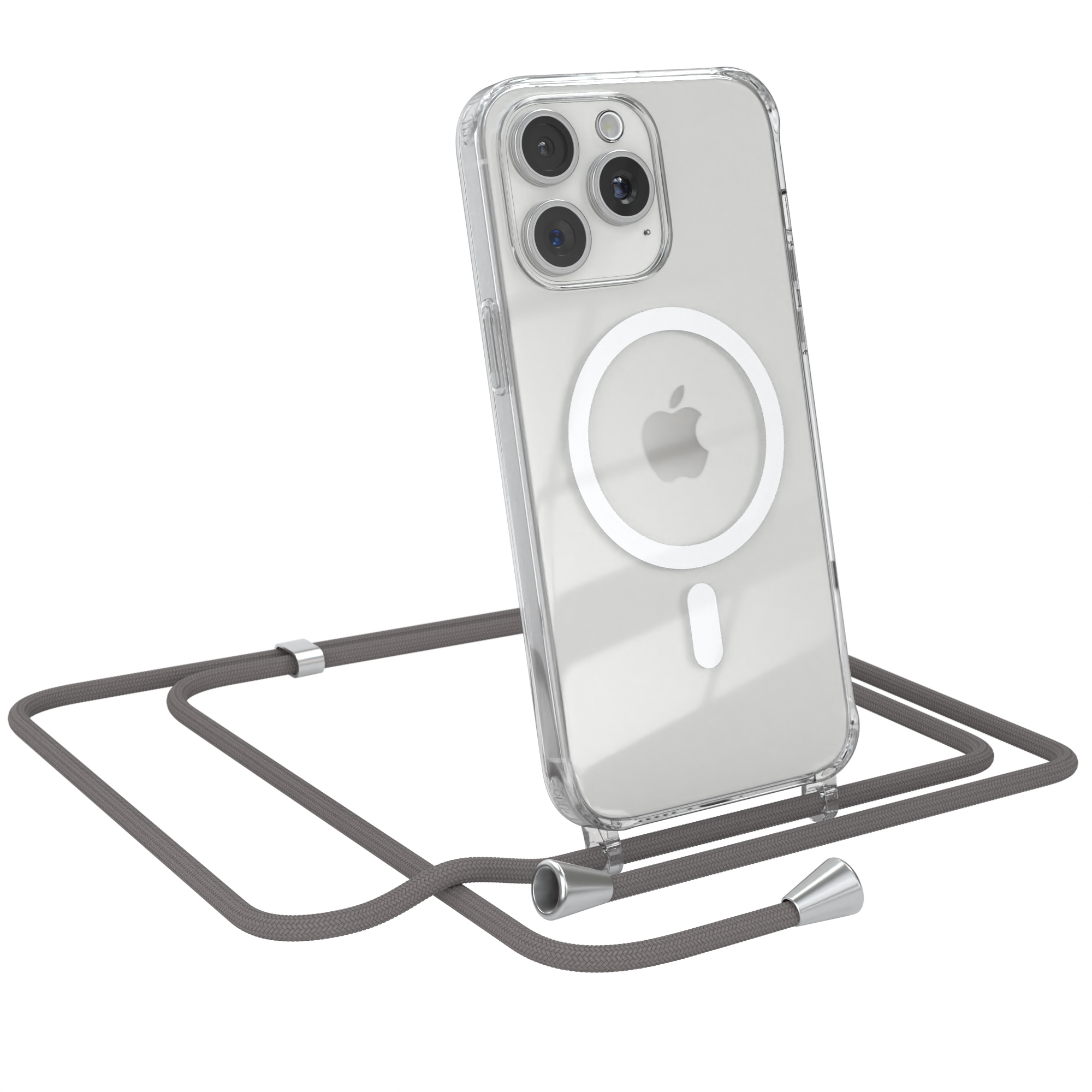 Eine transparente Handyhülle mit einem Telefon darin und einem grauen Kabel. Der Hintergrund ist weiß.