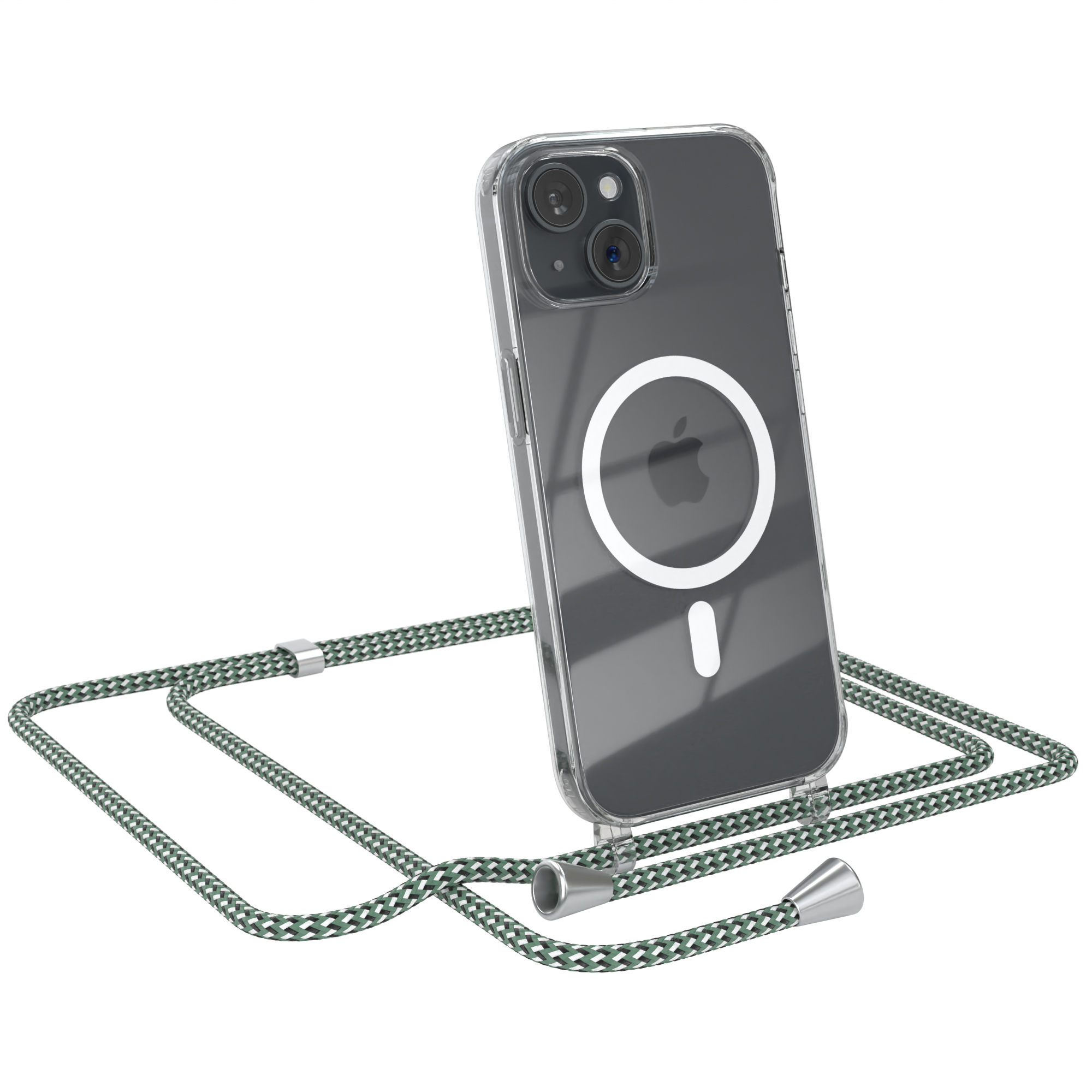Ein Telefon in einer transparenten Hülle mit einem grün-weißen Kabel. Das Telefon hat einen weißen Kreis und einen Ladeanschluss.