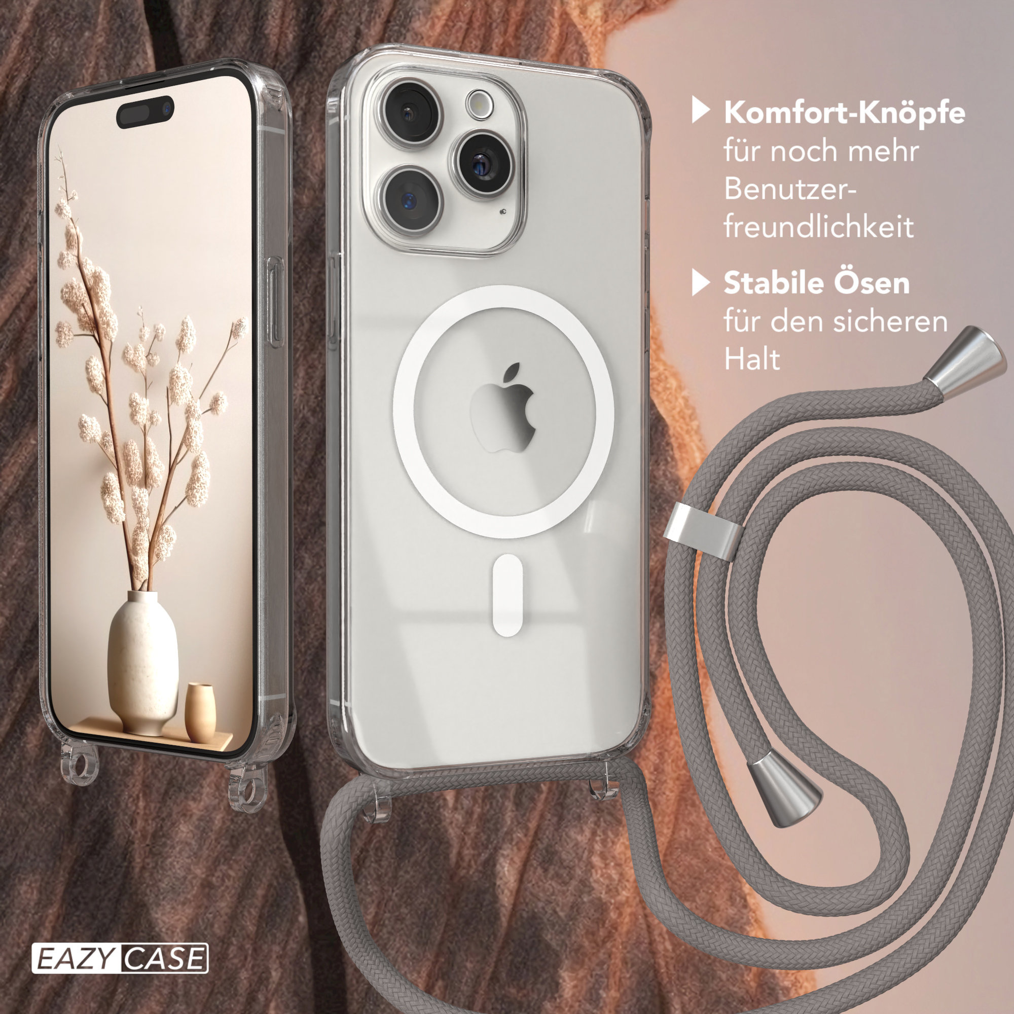 Handyhüllen mit Telefon, Vase und Lanyard auf braunem Hintergrund.