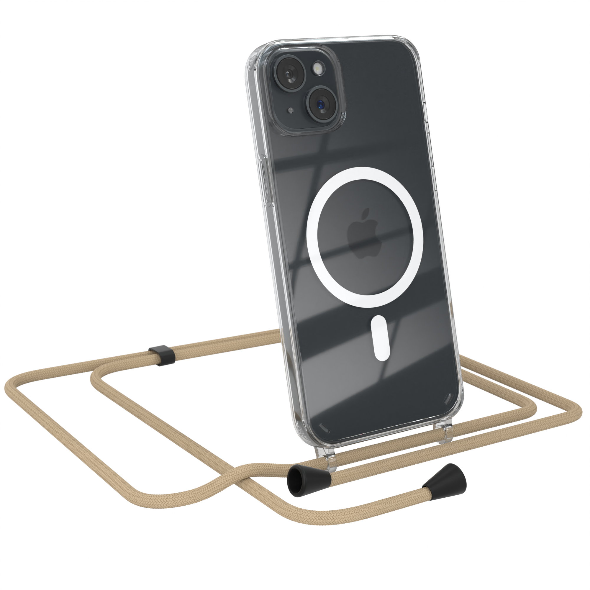 Transparente Handyhülle mit beigefarbenem Kordel. Ein iPhone ist innen. Weißer Hintergrund.