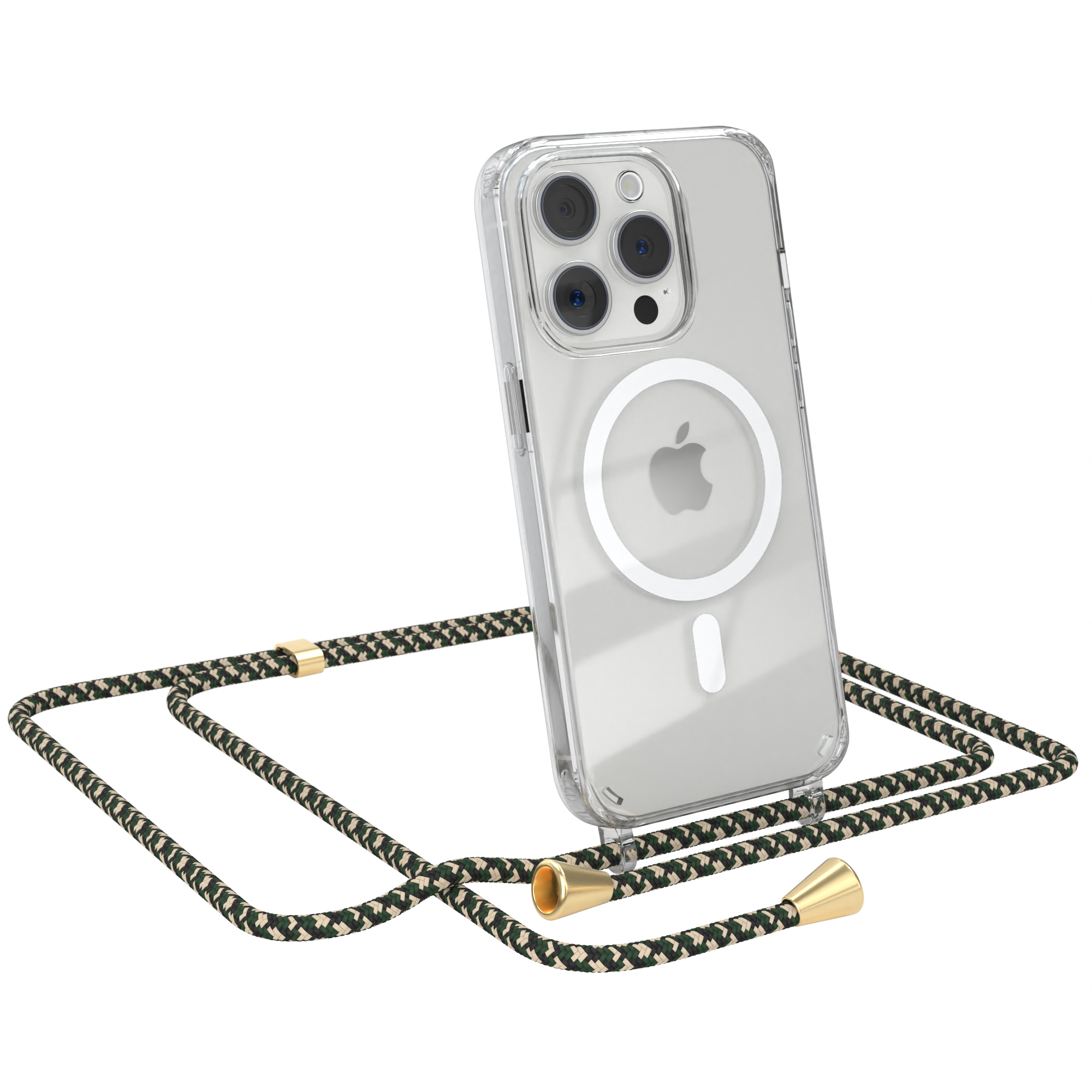 Transparente Handyhülle mit Telefon und grün-schwarzem Kordelriemen.
