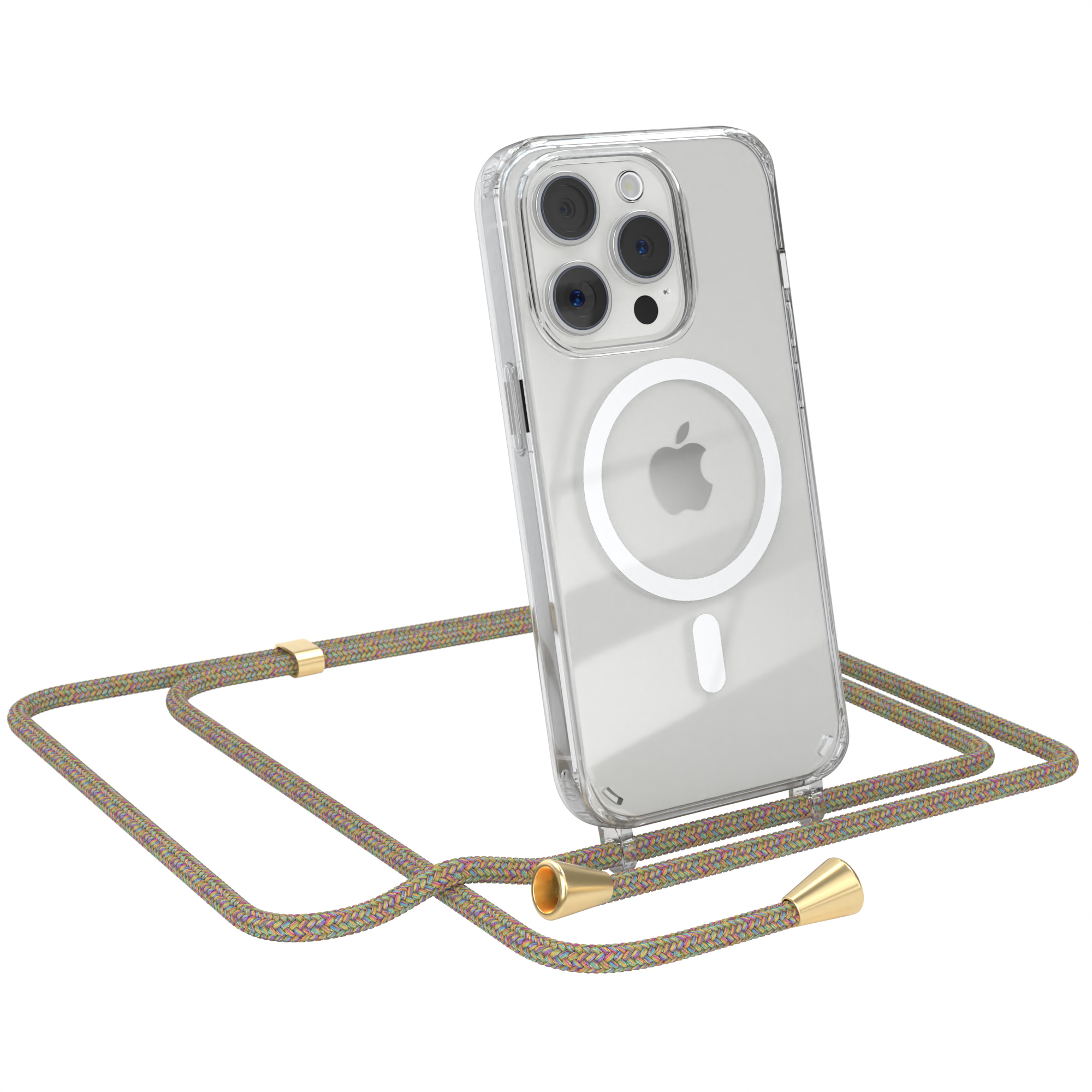 Transparente Telefonhülle mit Lanyard. Hülle hat MagSafe-Ring und Apple-Logo. Lanyard ist bunt.