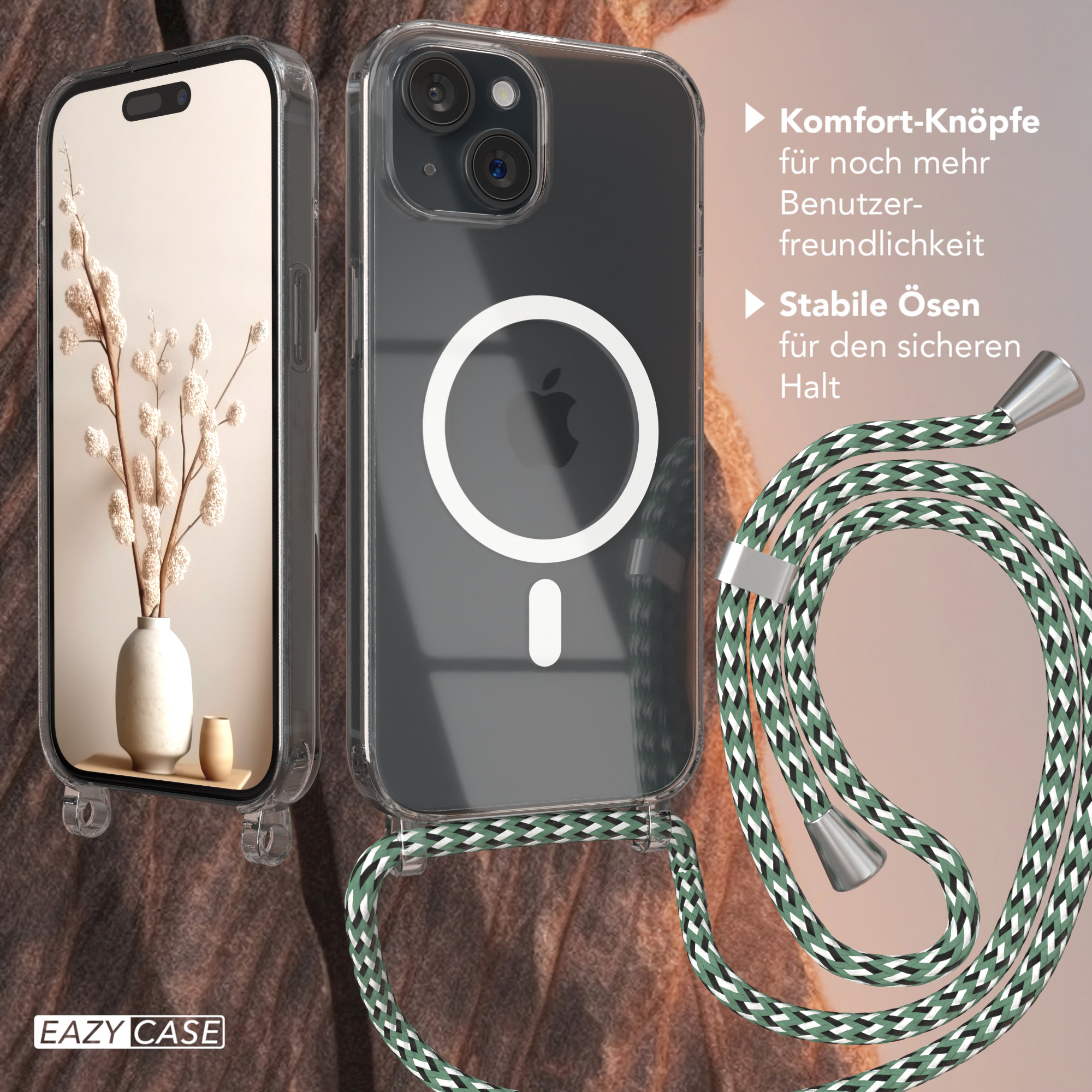 Telefon und Hülle mit weißem Kreildetail. Ein Kordel ist an der Hülle befestigt.