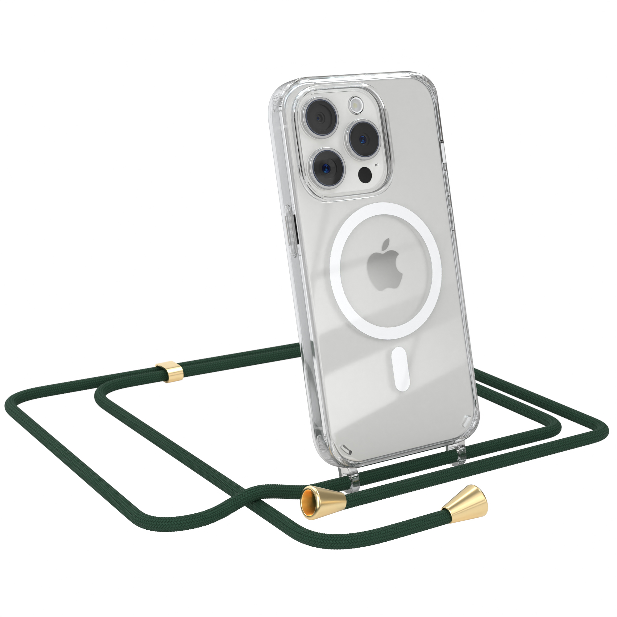 Ein Telefon in einer transparenten Hülle mit einer dunkelgrünen Kordel. Die Kordel hat goldfarbene Details.