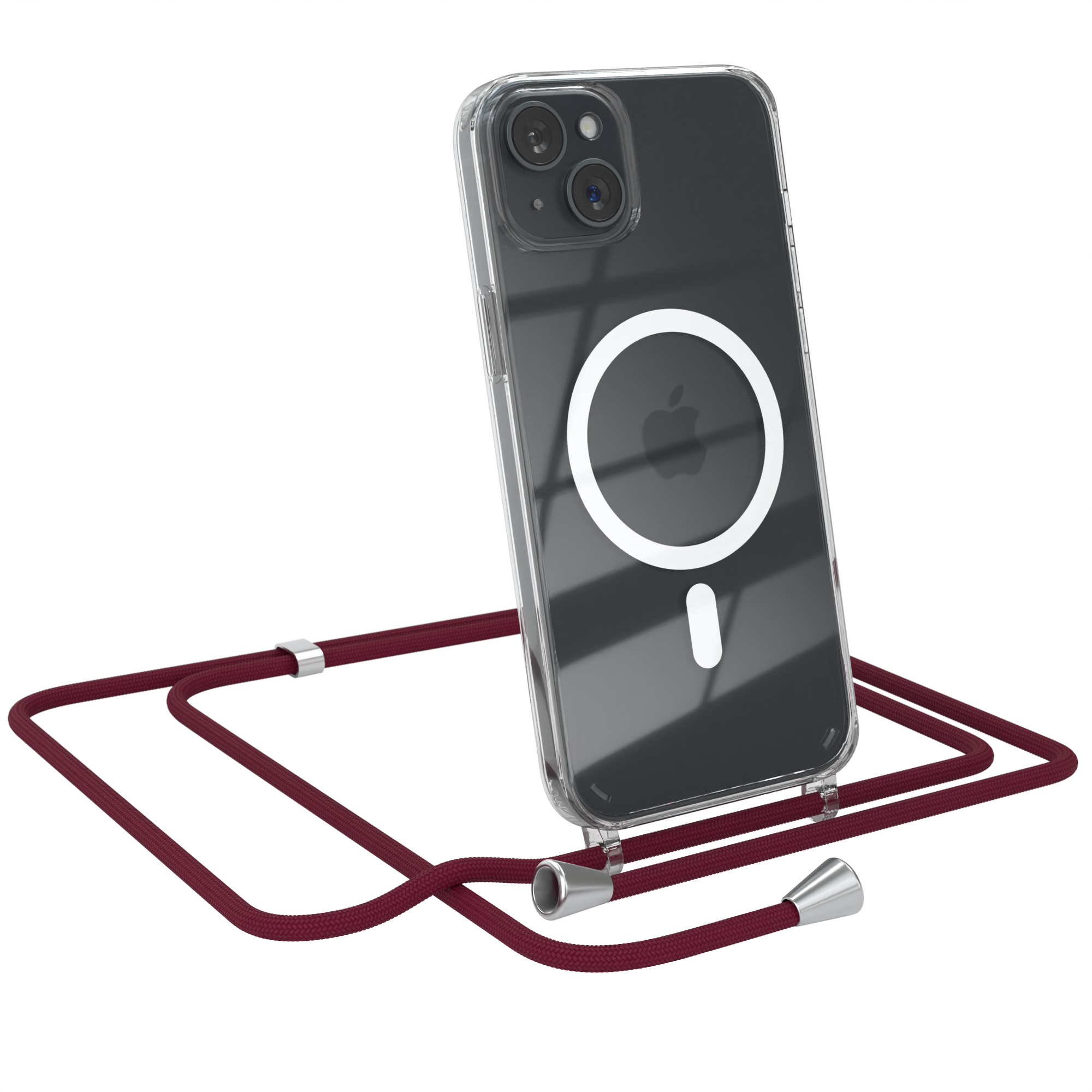 Transparente Handyhülle mit Lanyard. Telefon mit Apple-Logo in der Hülle. Rotes Lanyard.