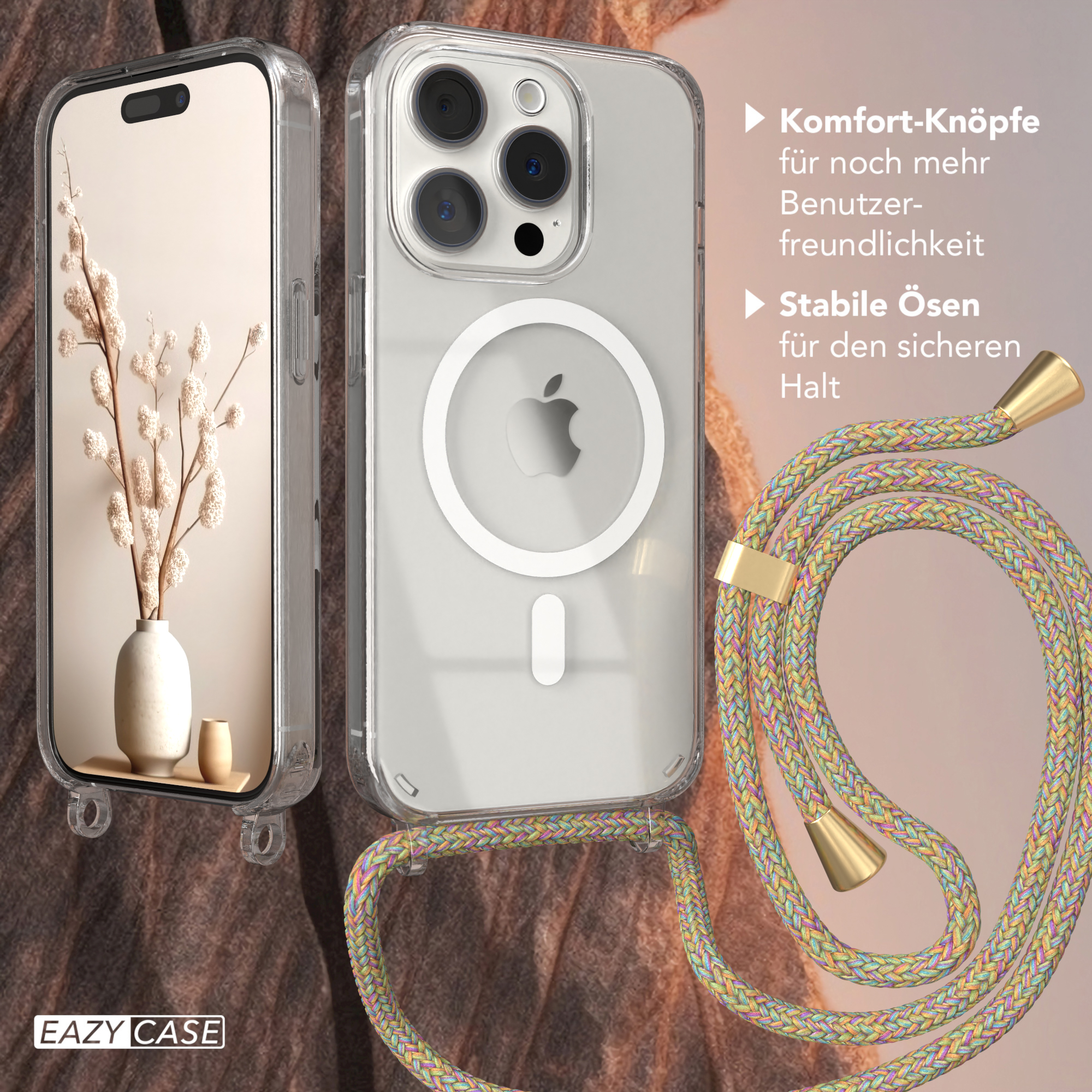 Eine klare Handyhülle mit Trageriemen. Links eine Vase mit Pflanze. Text erwähnt 'Eazy Case'. Die Hülle hat einen Magnetring.