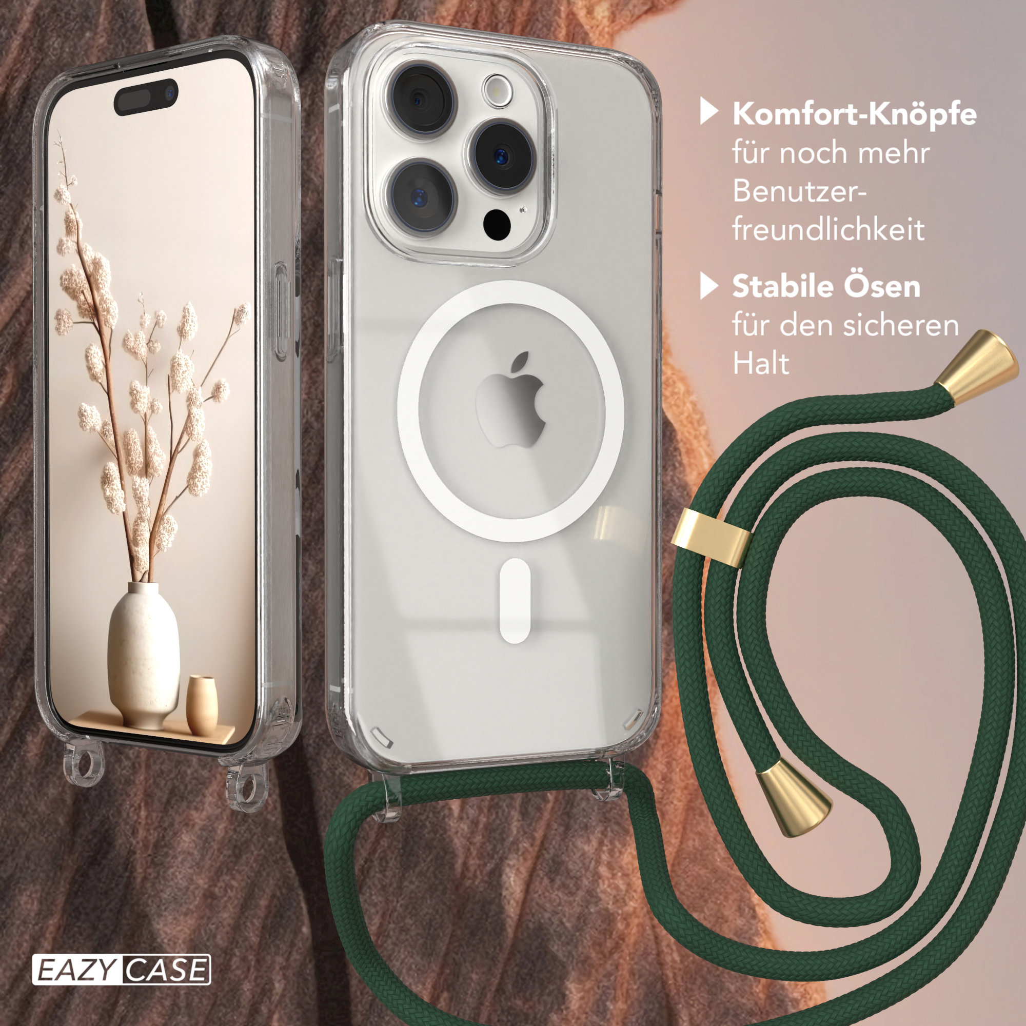 EAZY CASE Magsafe Apple, Gold / mit Grün Clips Hülle Pro, Handykette, iPhone 15 Umhängetasche